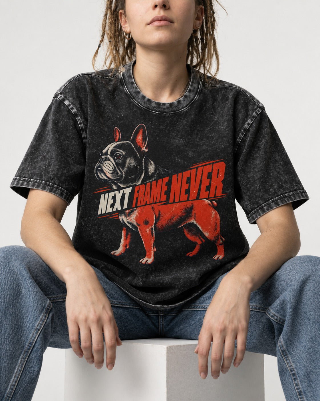 Frenchie Next Frame Never Motion Banner Graphic Washed Tee in Black, worn by a seated model