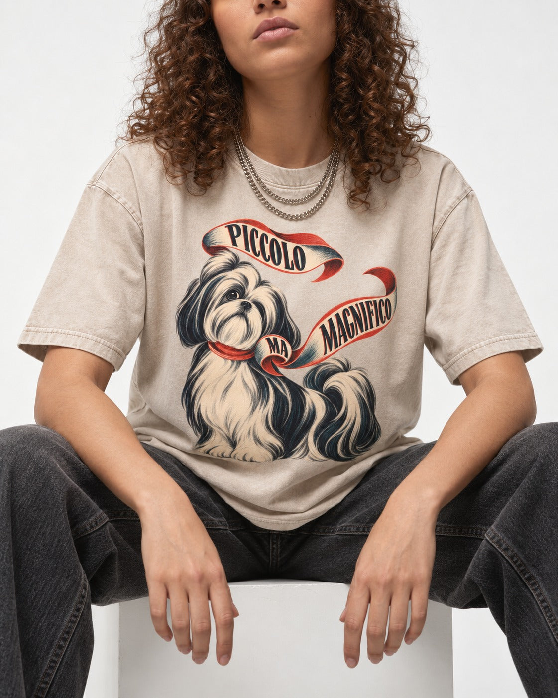 Piccolo Ma Magnifico Shih Tzu Washed Tee in Apricot, worn by a seated model
