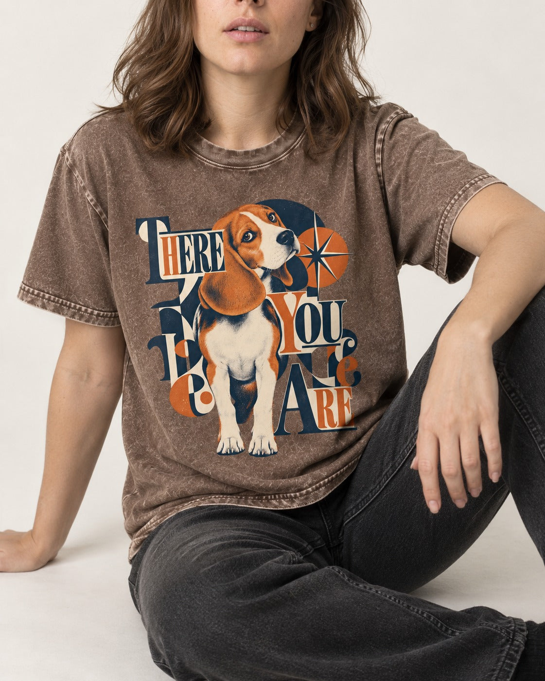 There You Are Beagle Washed Tee in Coffee, worn by a seated model