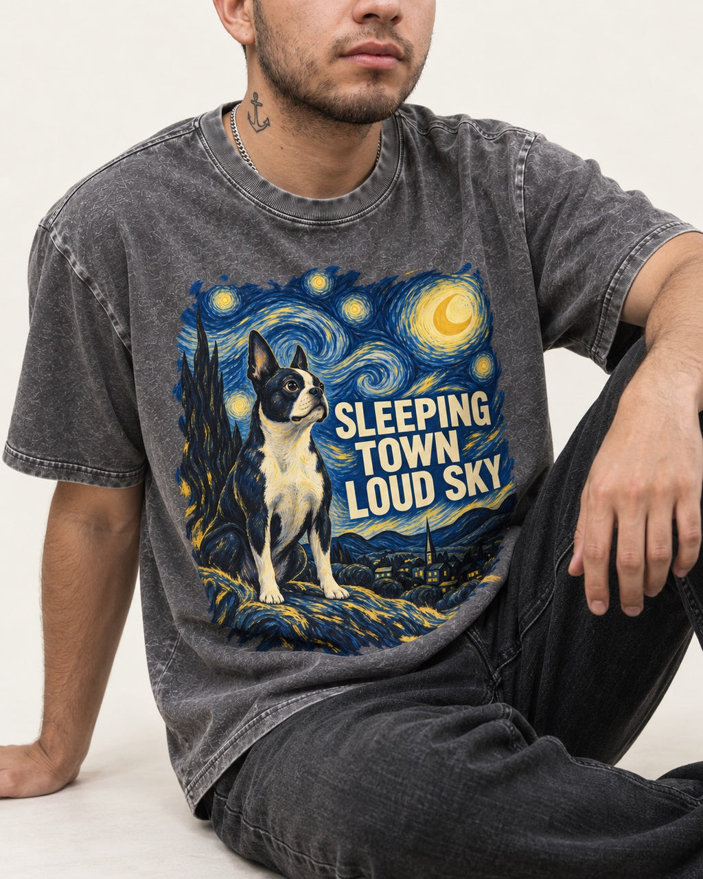 Sleeping Town Loud Sky Boston Terrier Starry Night Washed Tee in Gray, worn by a seated model
