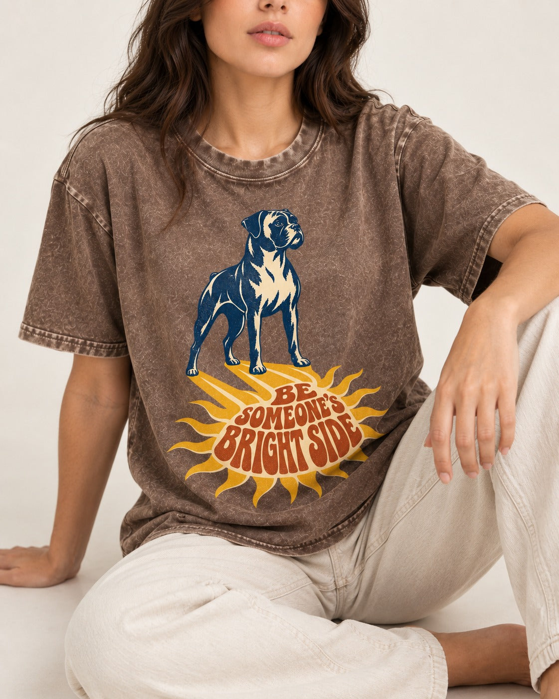 Boxer Be Someone's Bright Side Washed Tee in Coffee, worn by a seated model
