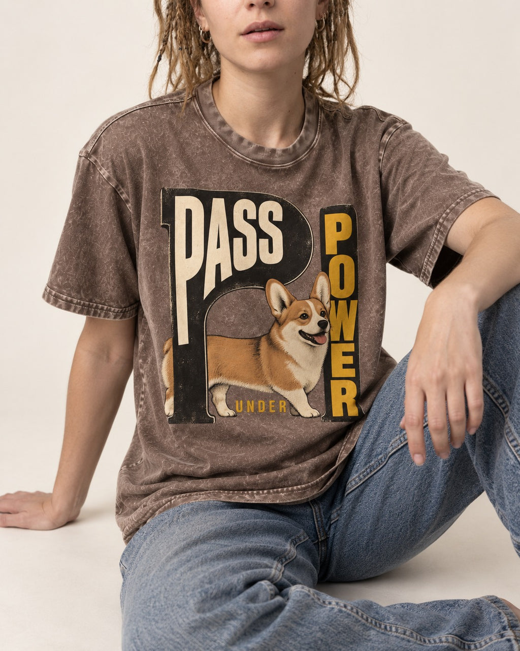 Corgi Power Washed Tee in Coffee, worn by a seated model