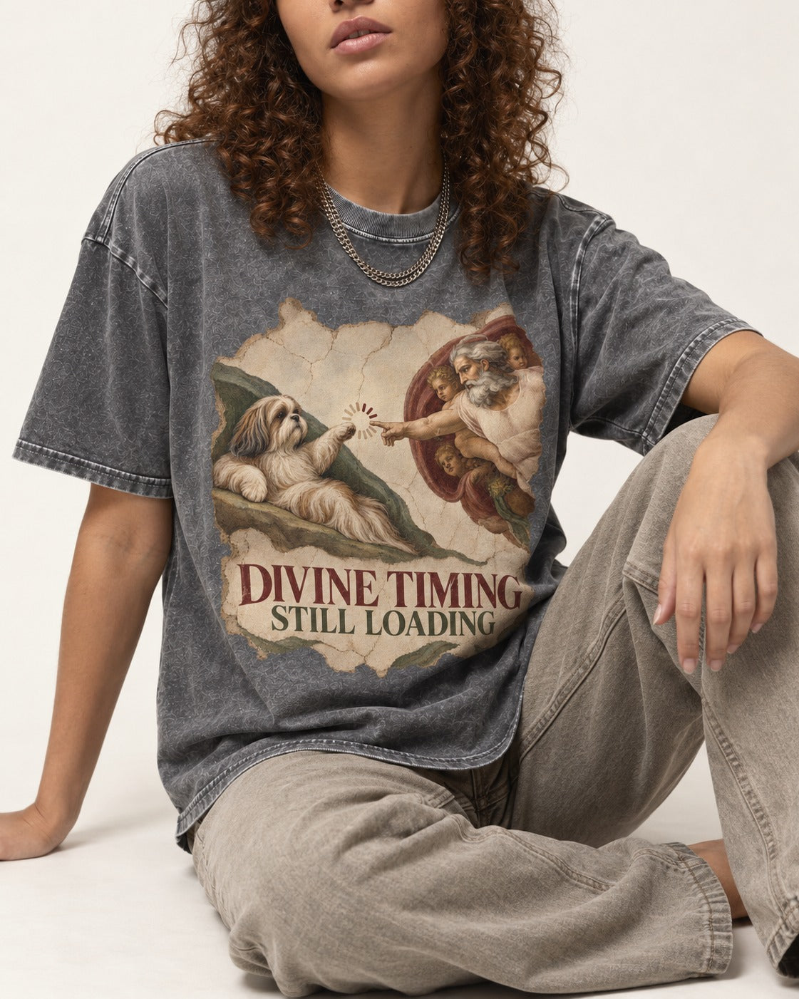 Shih Tzu Divine Timing Still Loading Renaissance Parody Graphic Washed Tee in Gray, worn by a seated model