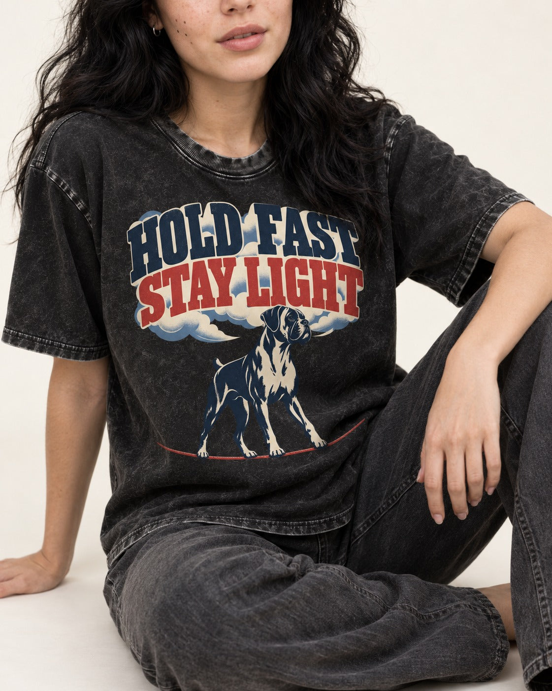 Hold Fast Stay Light Boxer Cloud Graphic Washed Tee in Black, worn by a seated model