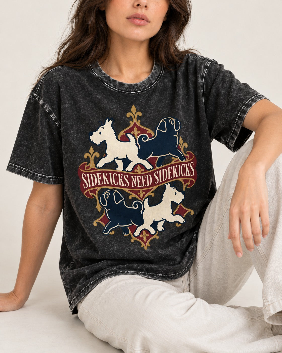 Pug Sidekicks Need Sidekicks Heraldic Graphic Washed Tee in Black, worn by a seated model