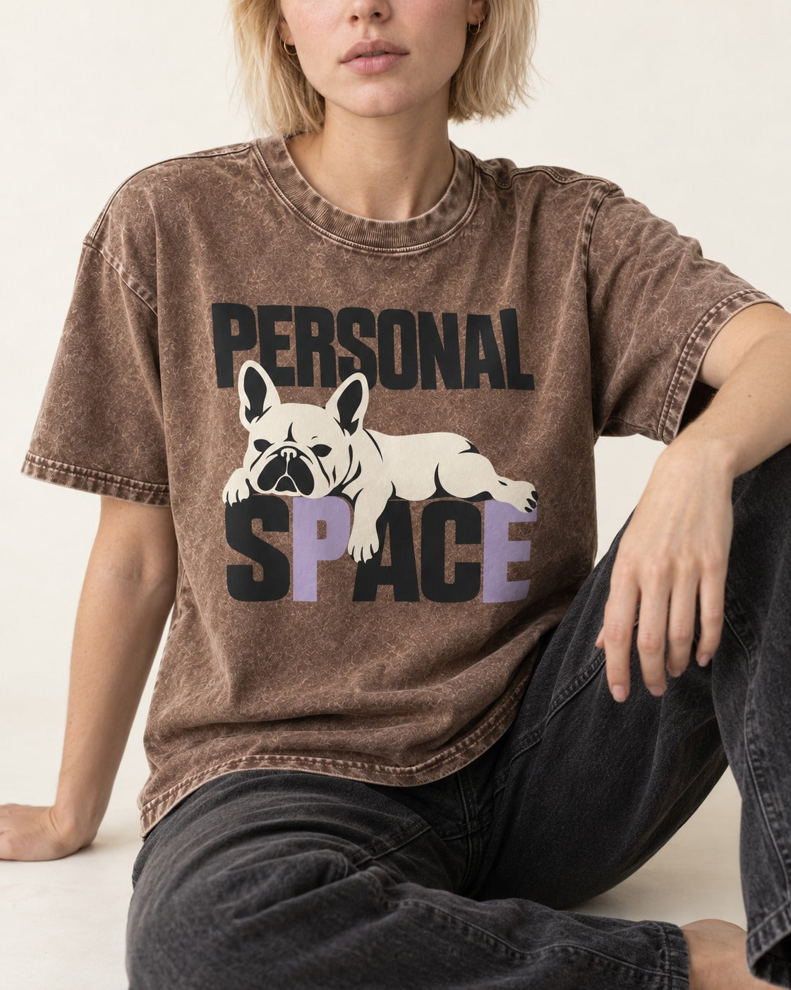 Frenchie Personal Space Reclining Graphic Washed Tee in Coffee, worn by a seated model