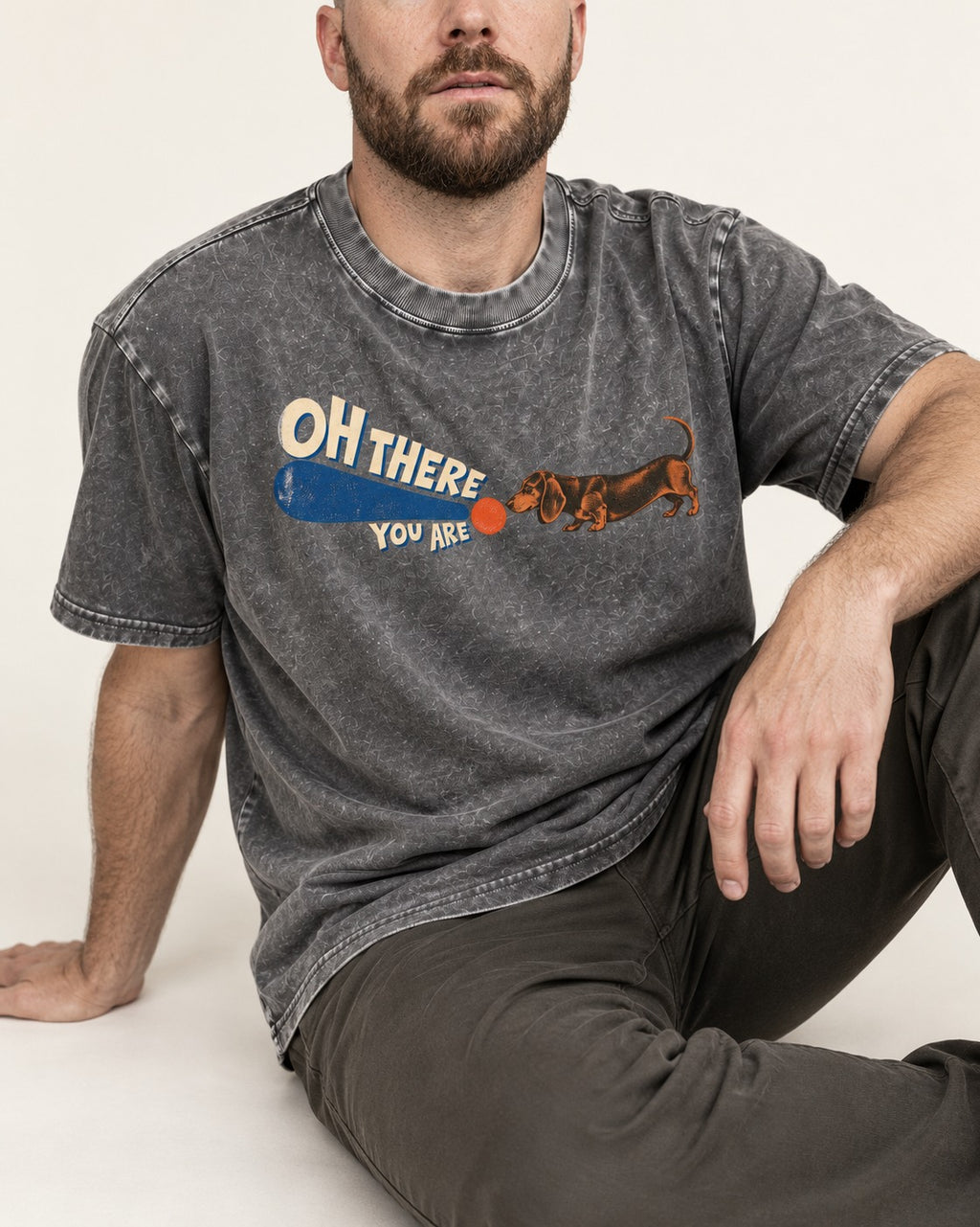 Dachshund Oh There You Are Ball Graphic Washed Tee in Gray, worn by a seated model