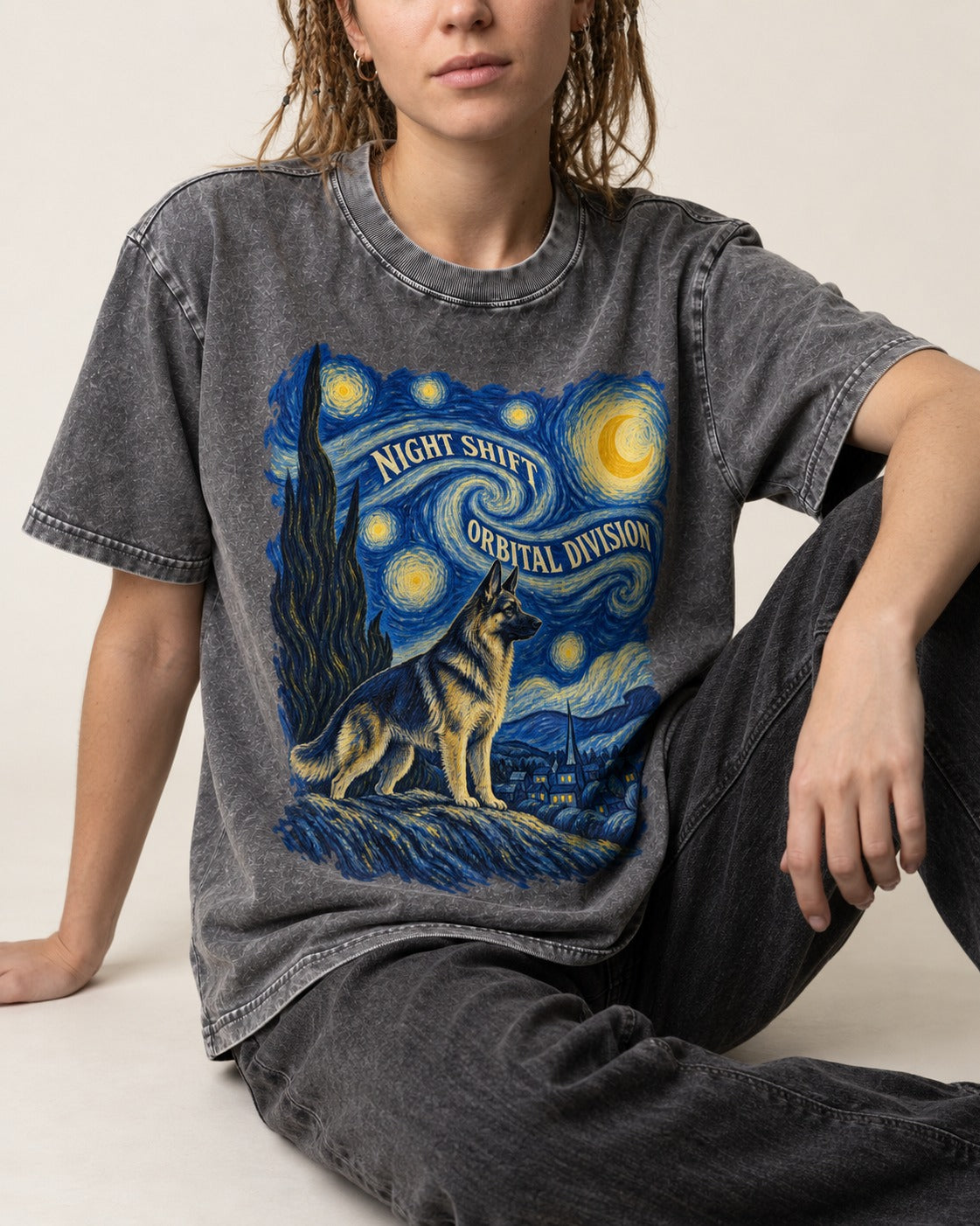 German Shepherd Dog Night Shift Orbital Division Starry Night Washed Tee in Gray, worn by a seated model