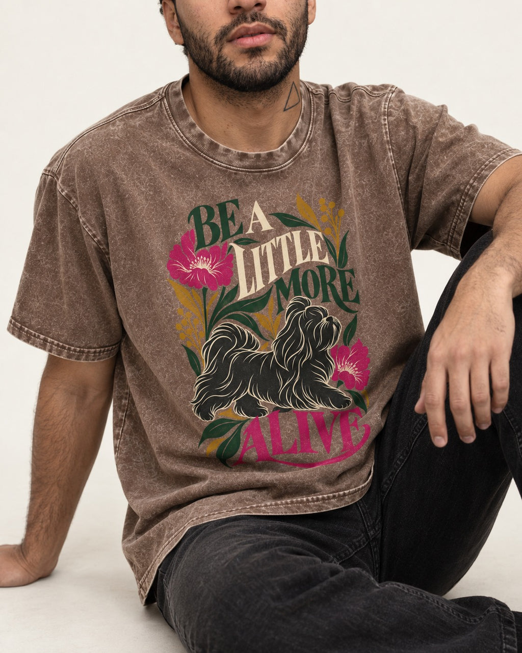 Shih Tzu Be a Little More Alive Botanical Graphic Washed Tee in Coffee, worn by a seated model