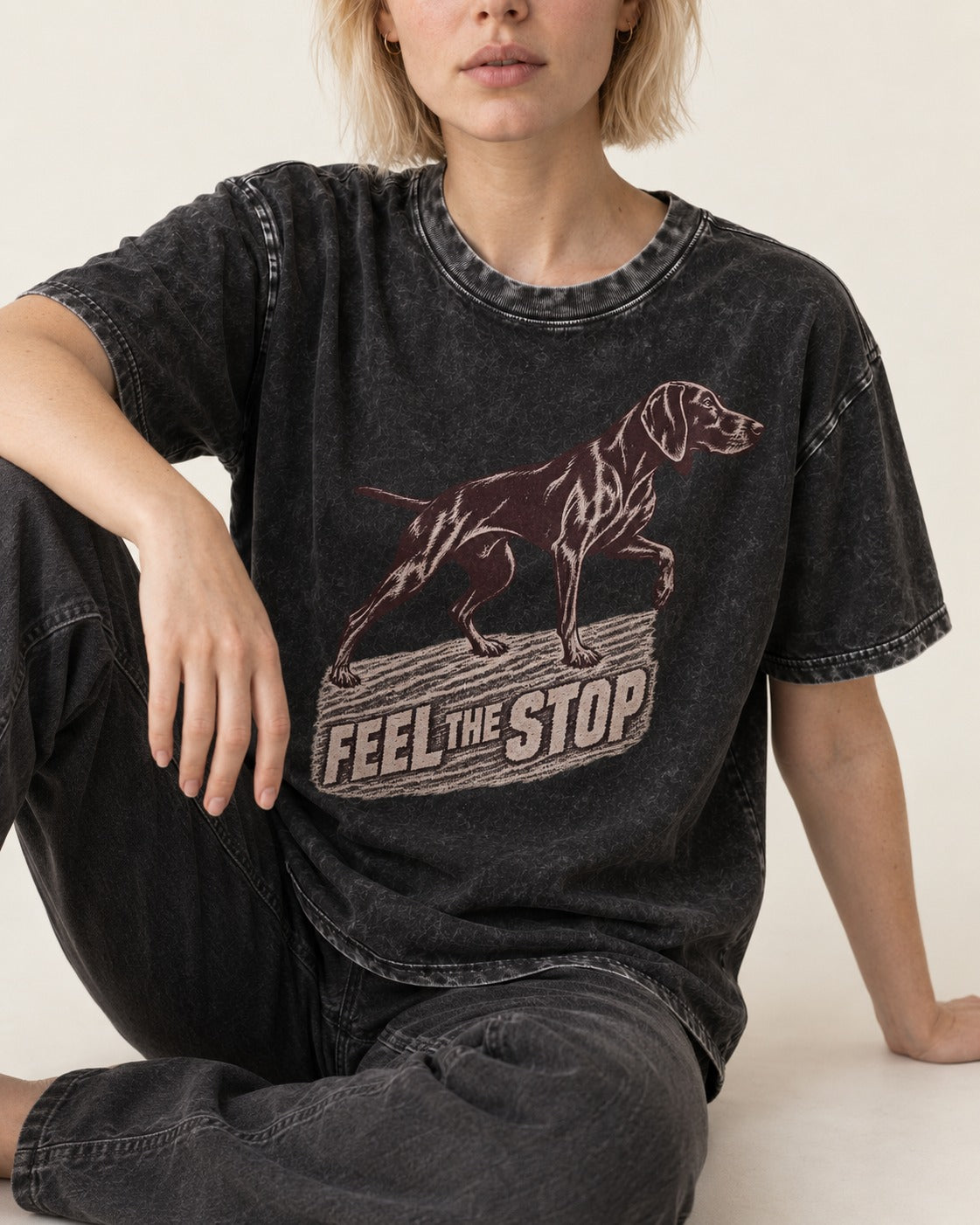German Shorthaired Pointer Feel The Stop Frottage Graphic Washed Tee in Black, worn by a seated model