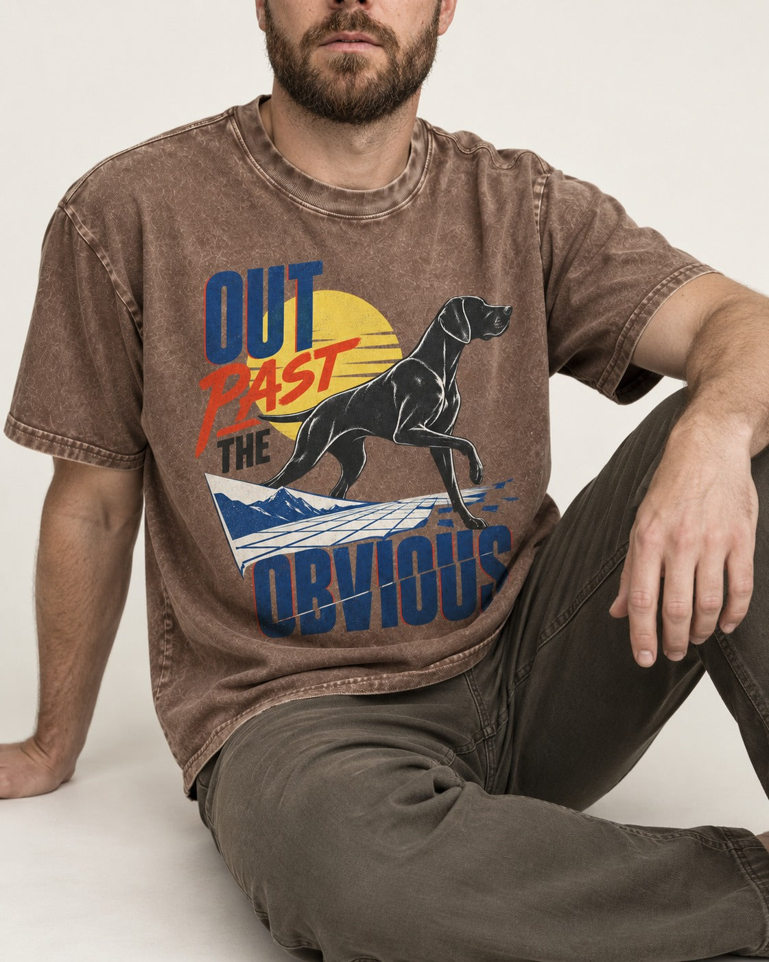 Out Past the Obvious German Shorthaired Pointer Washed Tee in Coffee, worn by a seated model