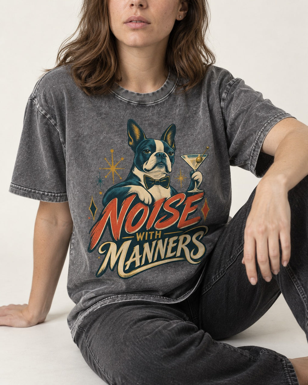 Boston Terrier Noise With Manners Cocktail Graphic Washed Tee in Gray, worn by a seated model