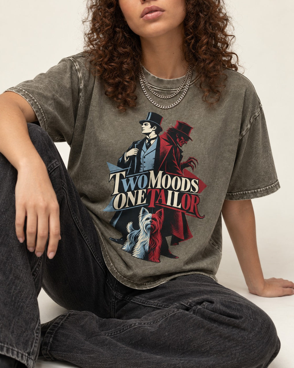 Yorkshire Terrier Two Moods One Tailor Split Persona Graphic Washed Tee in Army Green, worn by a seated model