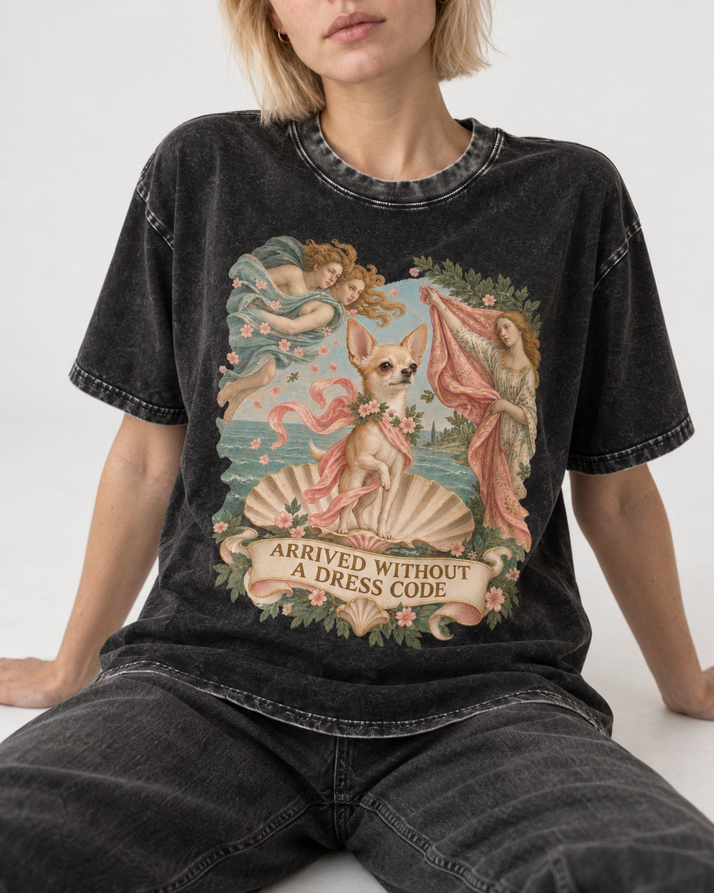 Chihuahua Arrived Without a Dress Code Classical Shell Scene Washed Tee in Black, worn by a seated model