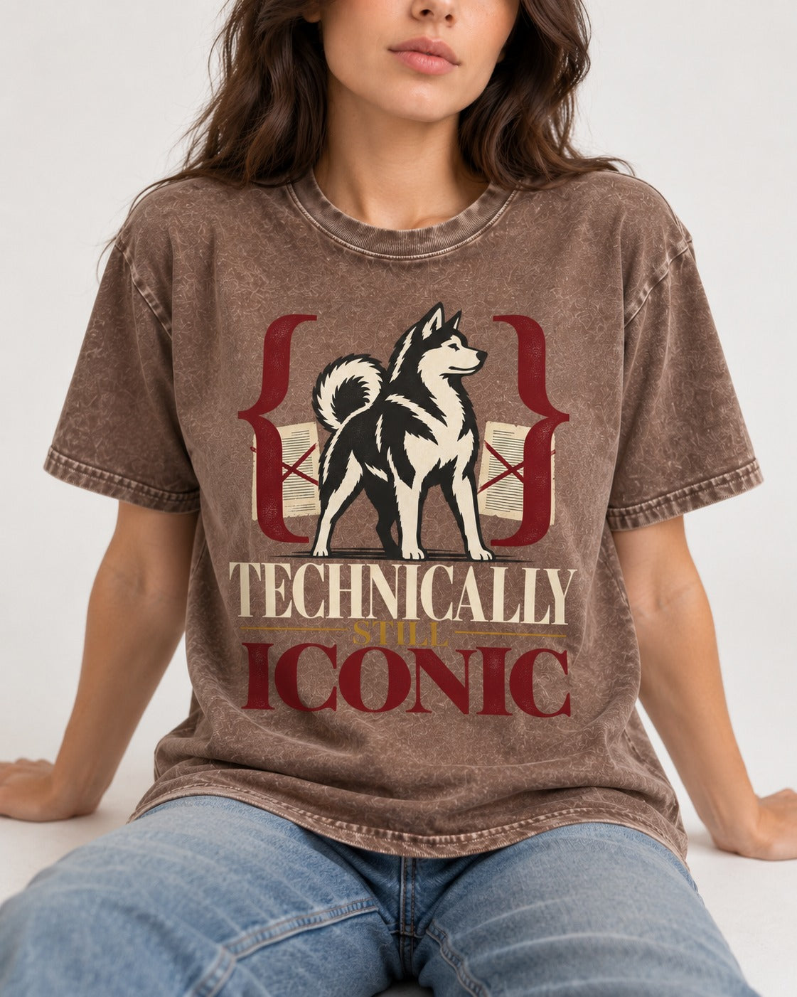 Husky Technically Still Iconic Editorial Frame Graphic Washed Tee in Coffee, worn by a seated model
