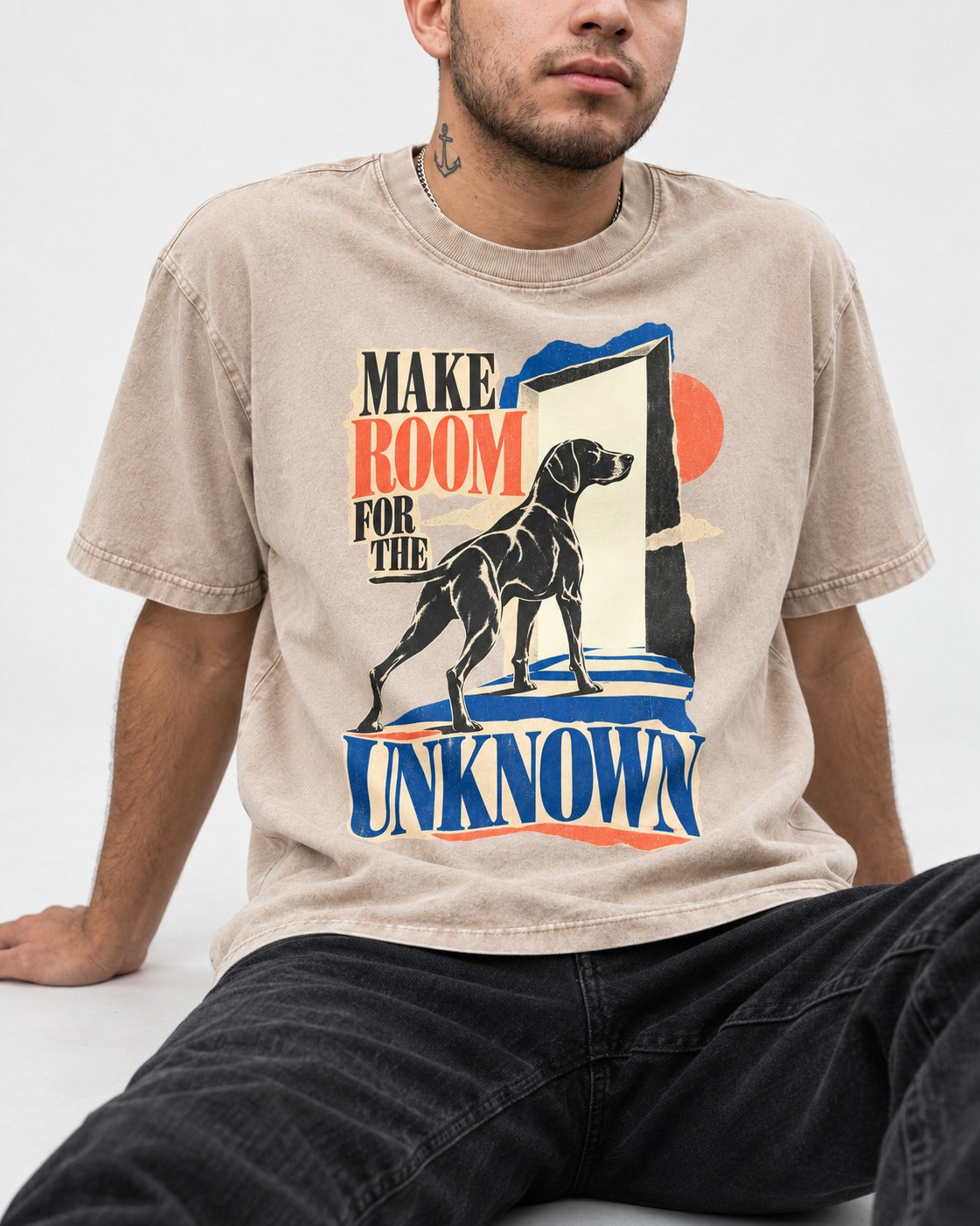 German Shorthaired Pointer Room for the Unknown Washed Tee in Apricot, worn by a seated model