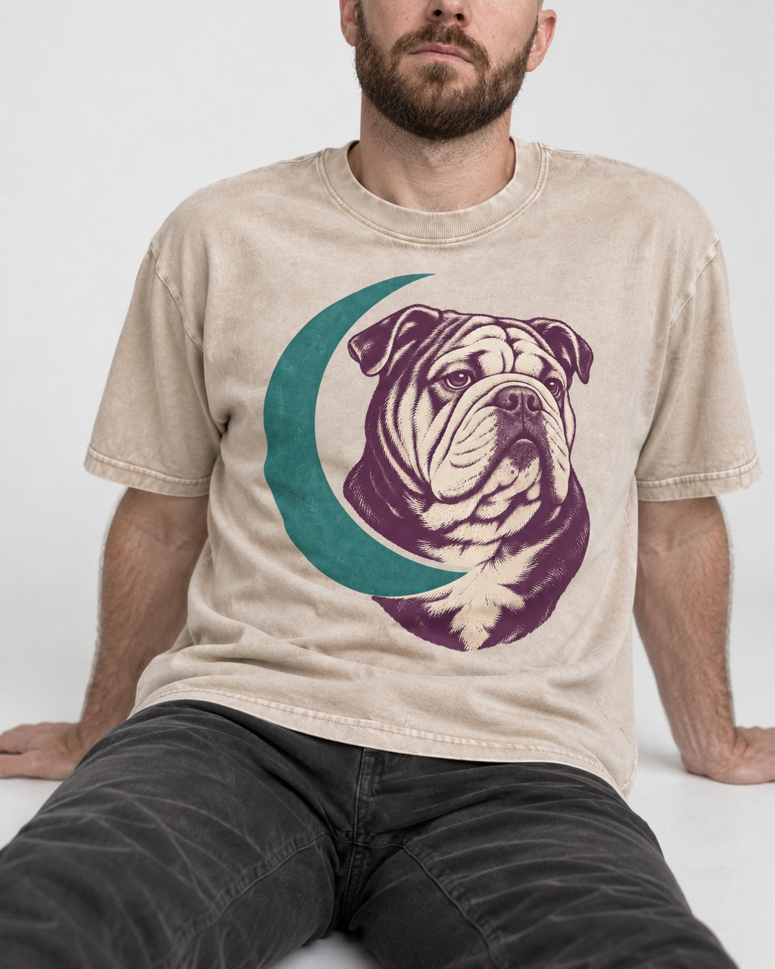 Moonstruck English Bulldog Washed Tee in Apricot, worn by a seated model