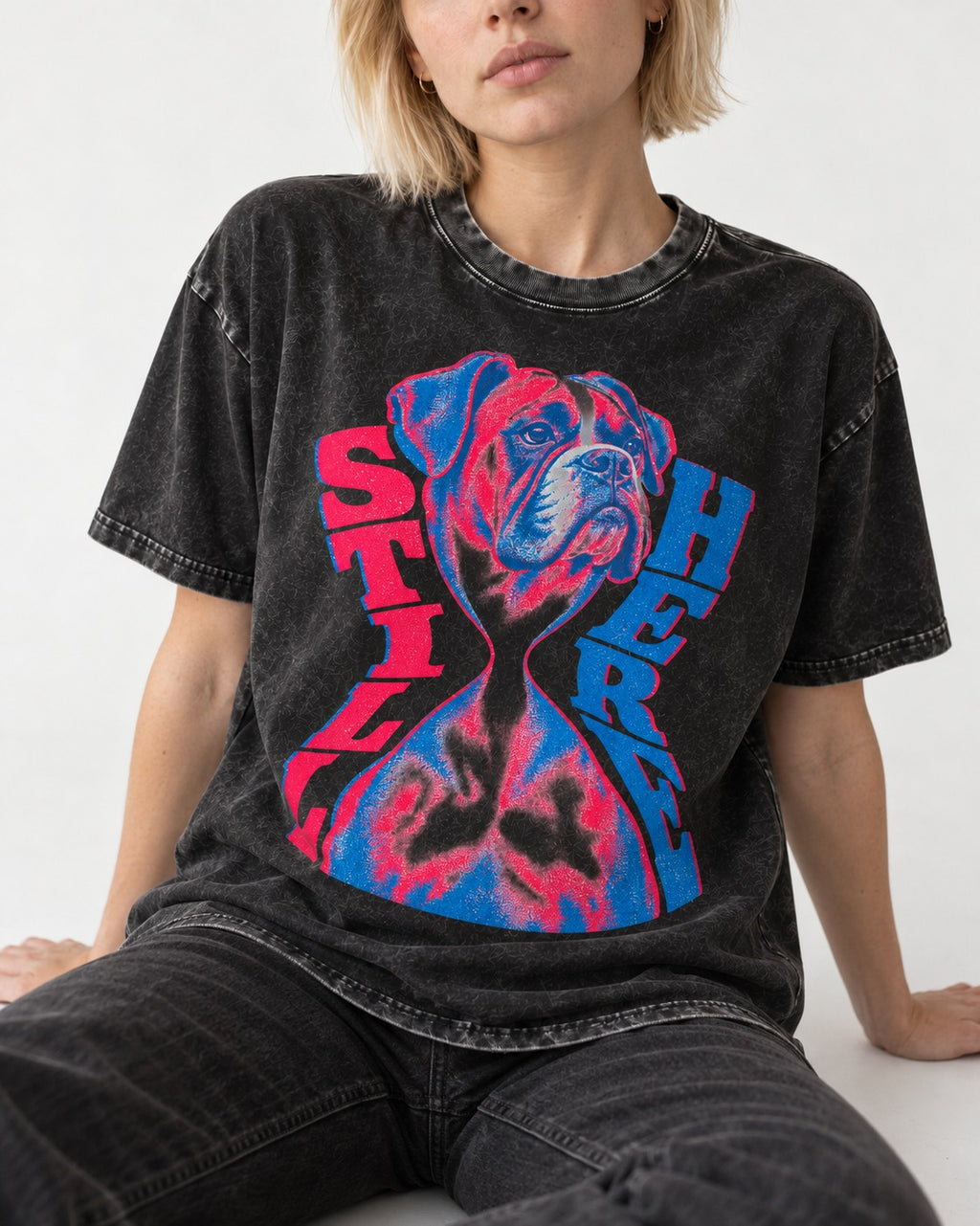 Stay Here Boxer Duotone Portrait Washed Tee in Black, worn by a seated model