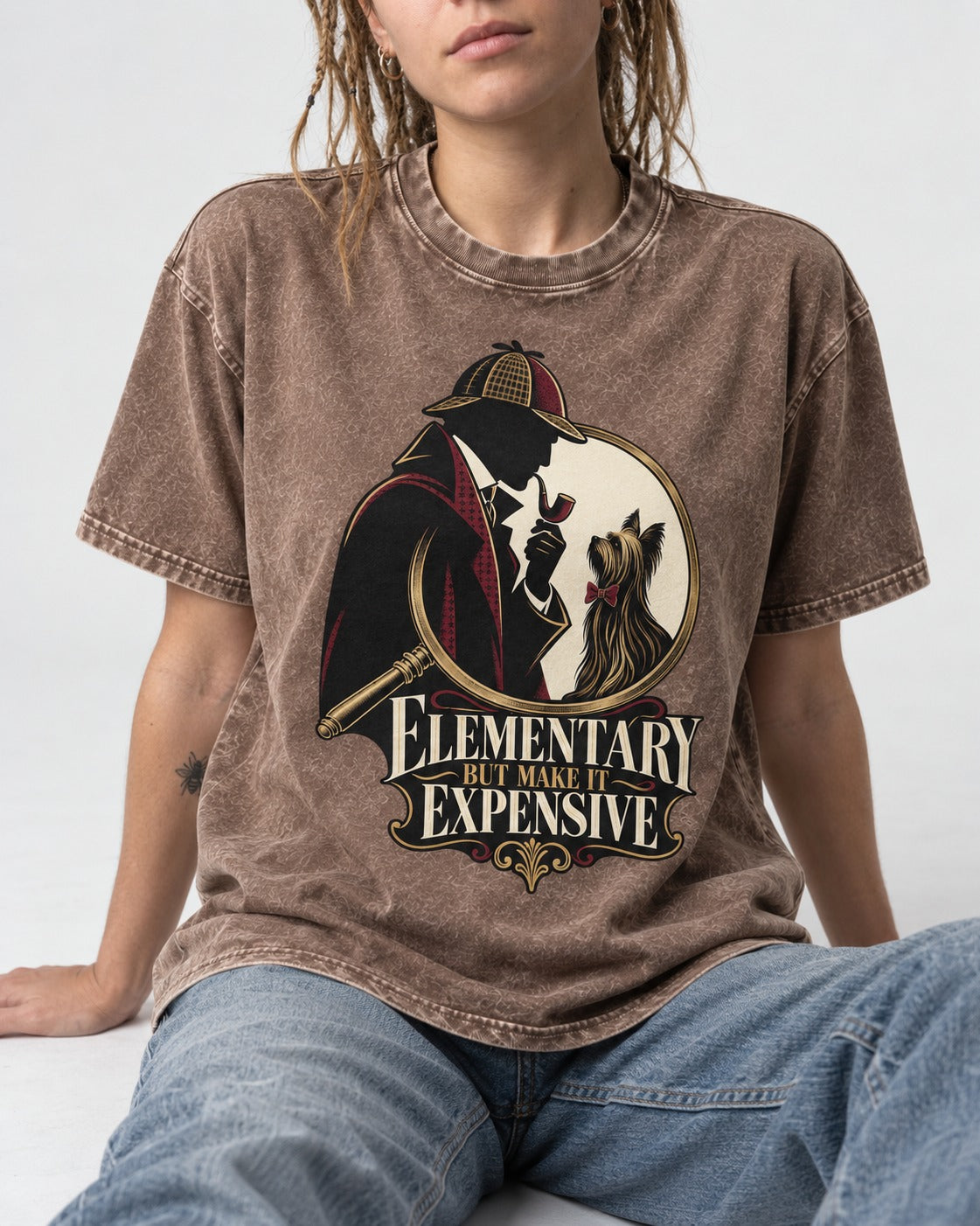 Elementary but Expensive Yorkshire Terrier Washed Tee in Coffee, worn by a seated model