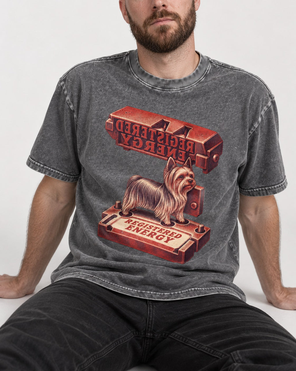 Yorkshire Terrier Registered Energy Stamp Press Graphic Washed Tee in Gray, worn by a seated model