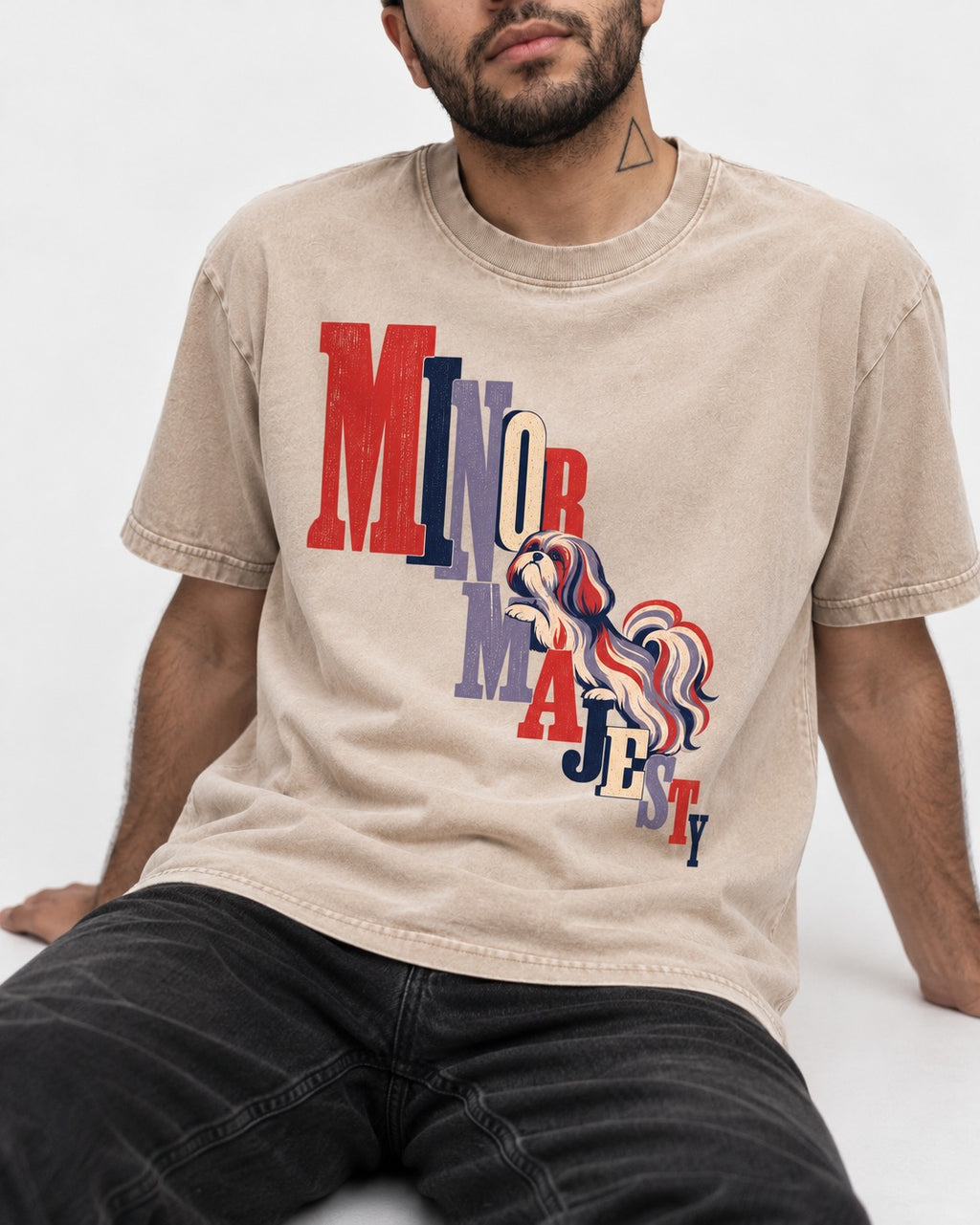 Shih Tzu Minor Majesty Washed Tee in Apricot, worn by a seated model