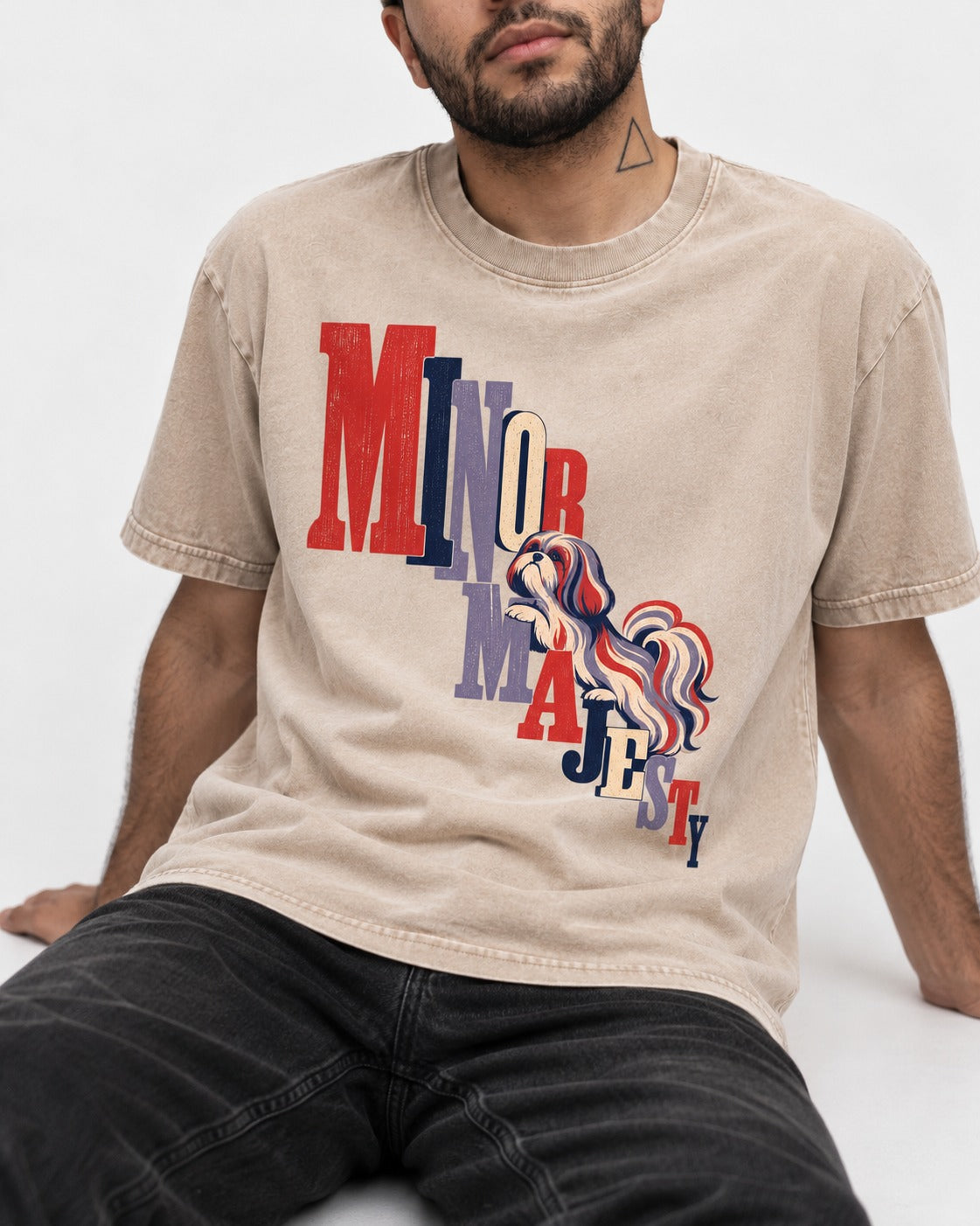 Shih Tzu Minor Majesty Washed Tee in Apricot, worn by a seated model