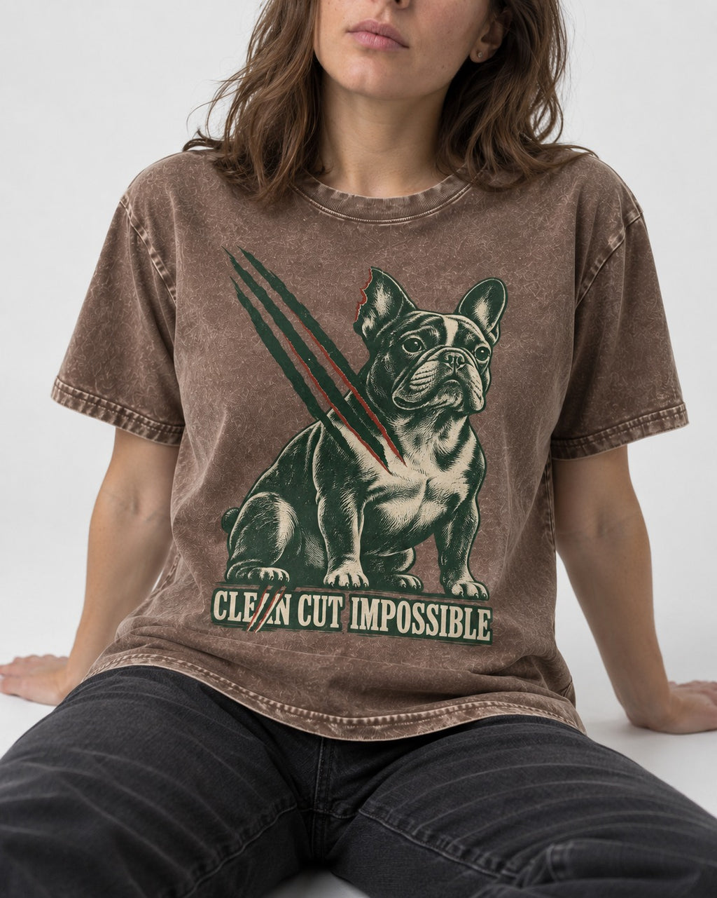 Frenchie Clean Cut Impossible Washed Tee in Coffee, worn by a seated model