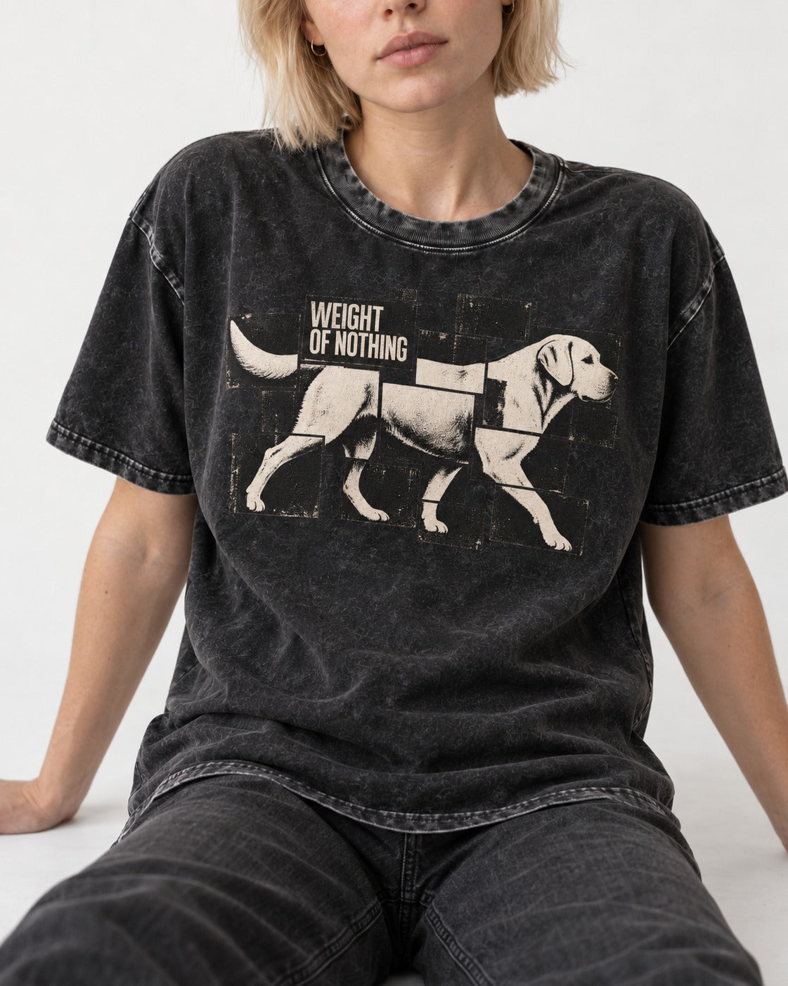 Labrador Retriever Weight of Nothing Fragmented Tile Graphic Washed Tee in Black, worn by a seated model