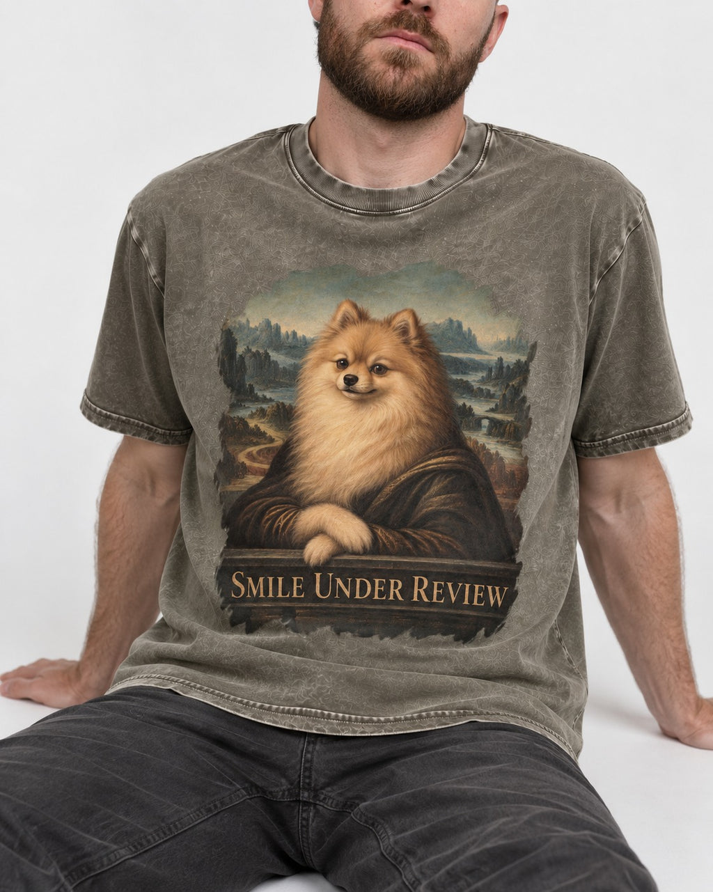 Pomeranian Smile Under Review Renaissance Portrait Graphic Washed Tee in Army Green, worn by a seated model