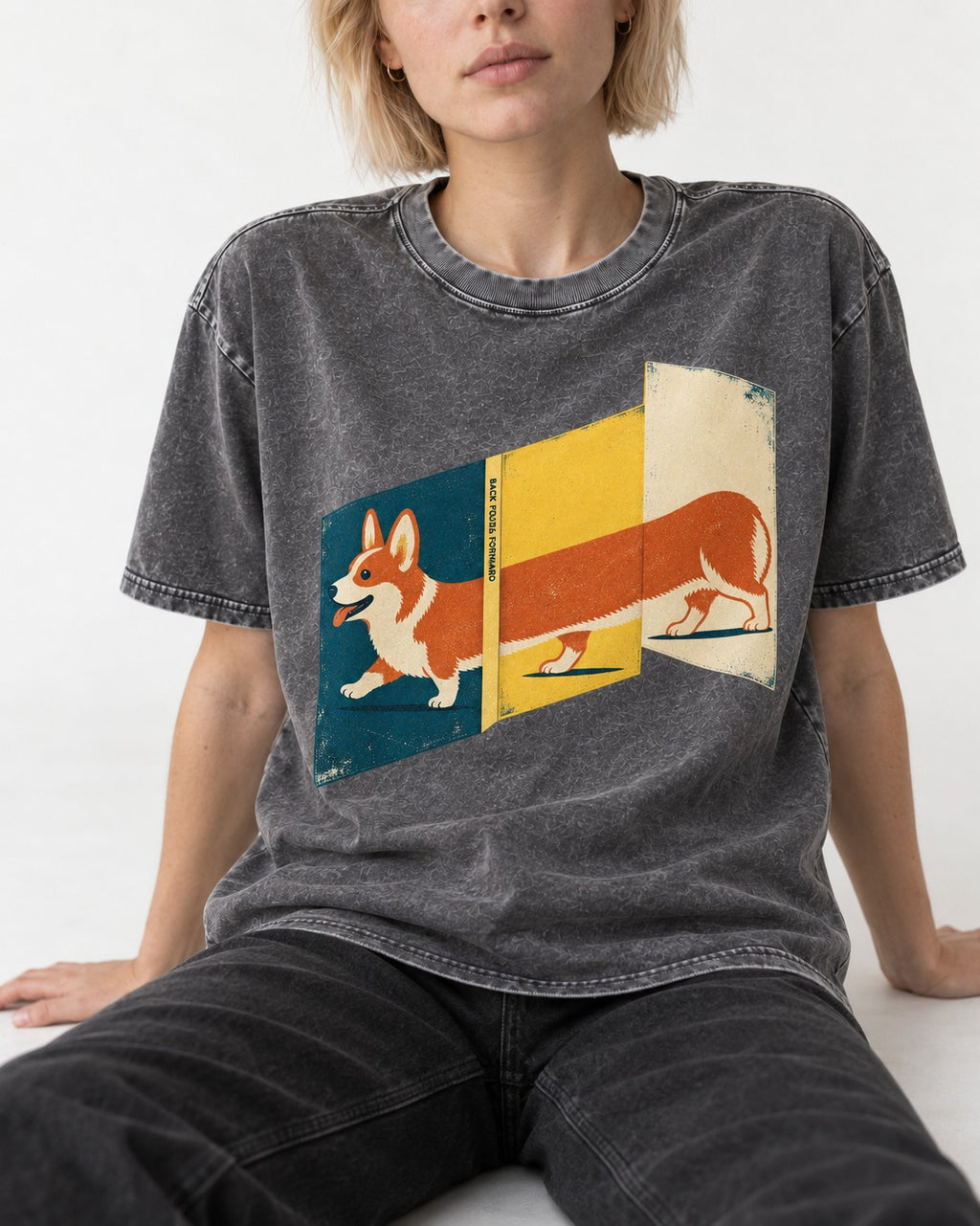 Corgi Back Folds Forward Panels Washed Tee in Gray, worn by a seated model