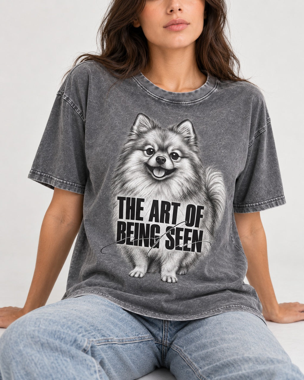 Pomeranian The Art of Being Seen Portrait Graphic Washed Tee in Gray, worn by a seated model