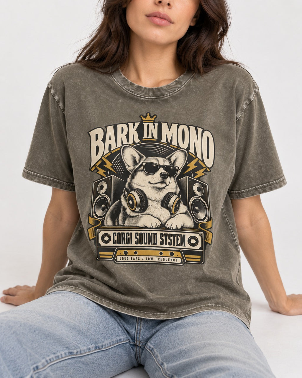 Corgi Bark in Mono Sound System Washed Tee in Army Green, worn by a seated model