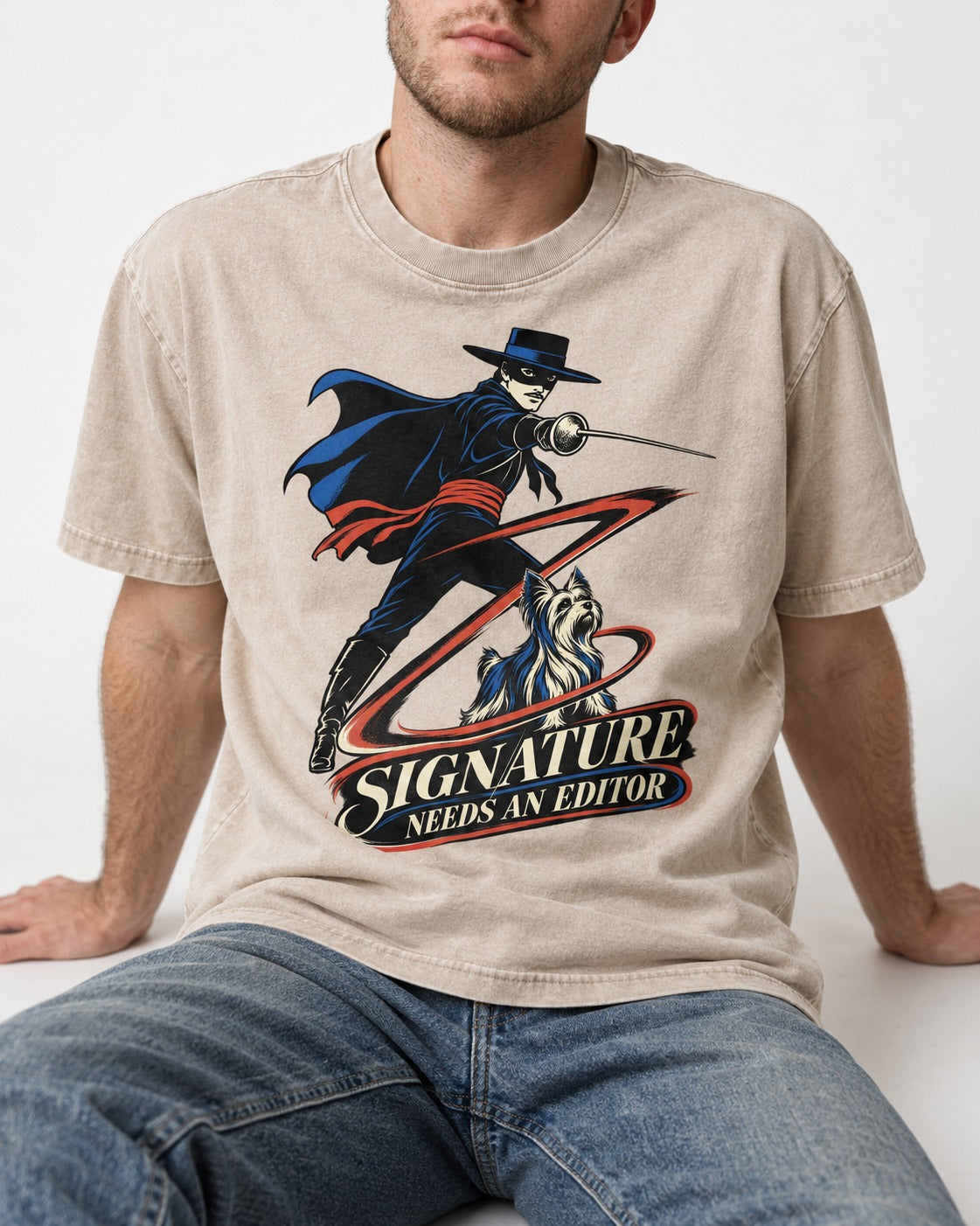 Yorkshire Terrier Signature Needs an Editor Washed Tee in Apricot, worn by a seated model