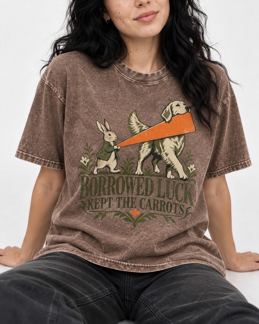 Borrowed Luck Golden Retriever Washed Tee in Coffee, worn by a seated model