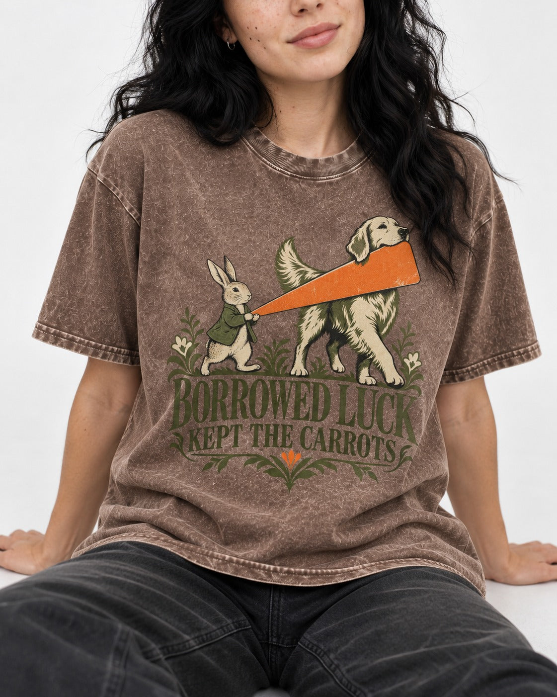 Borrowed Luck Golden Retriever Washed Tee in Coffee, worn by a seated model