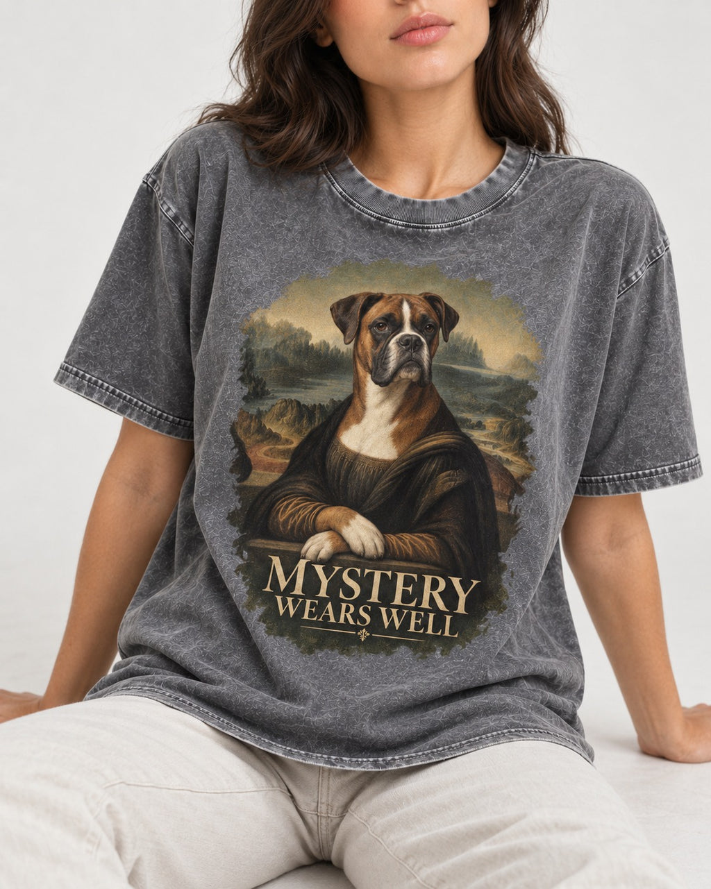 Mystery Wears Well Boxer Mona Lisa Portrait Washed Tee in Gray, worn by a seated model