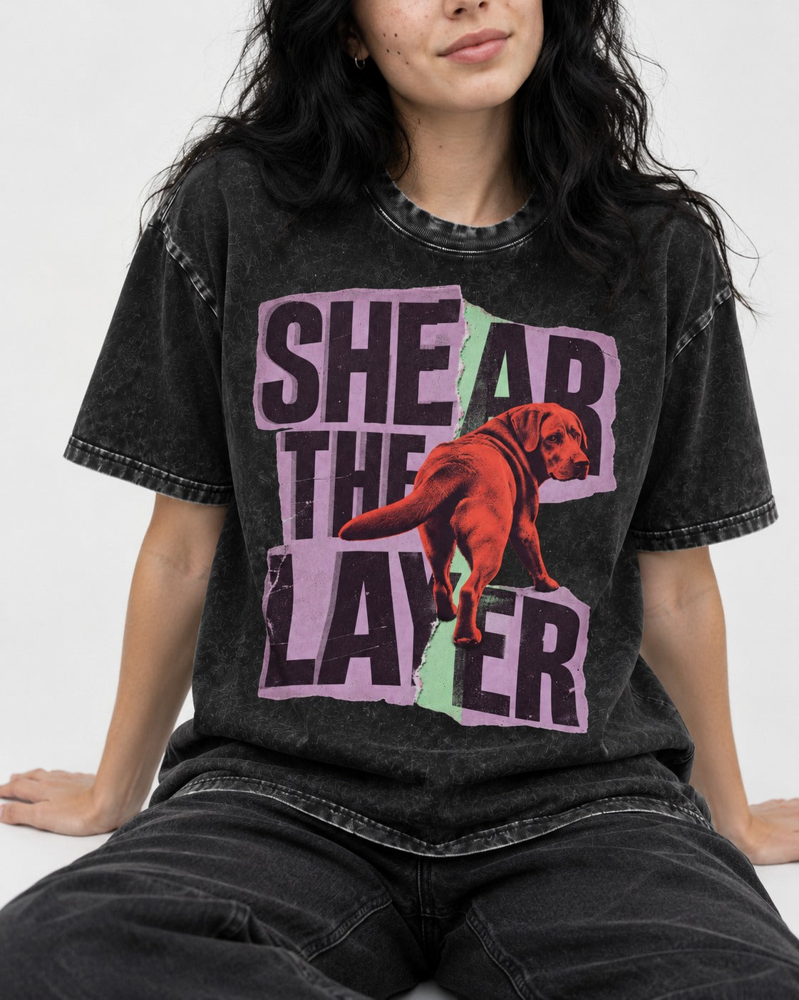 Labrador Retriever Shear the Layer Torn Paper Graphic Washed Tee in Black, worn by a seated model