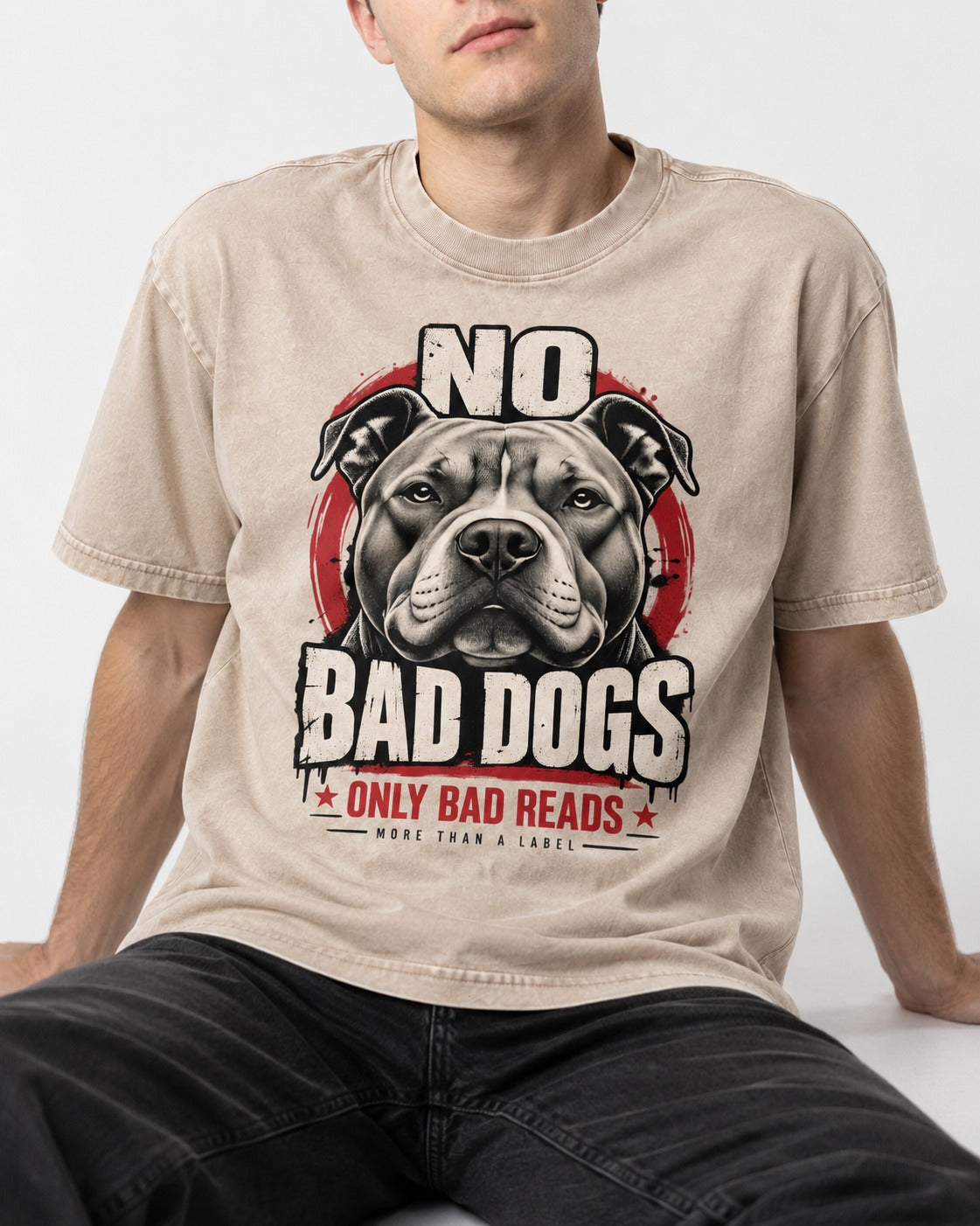 Pitbull Only Bad Reads Washed Tee in Apricot, worn by a seated model