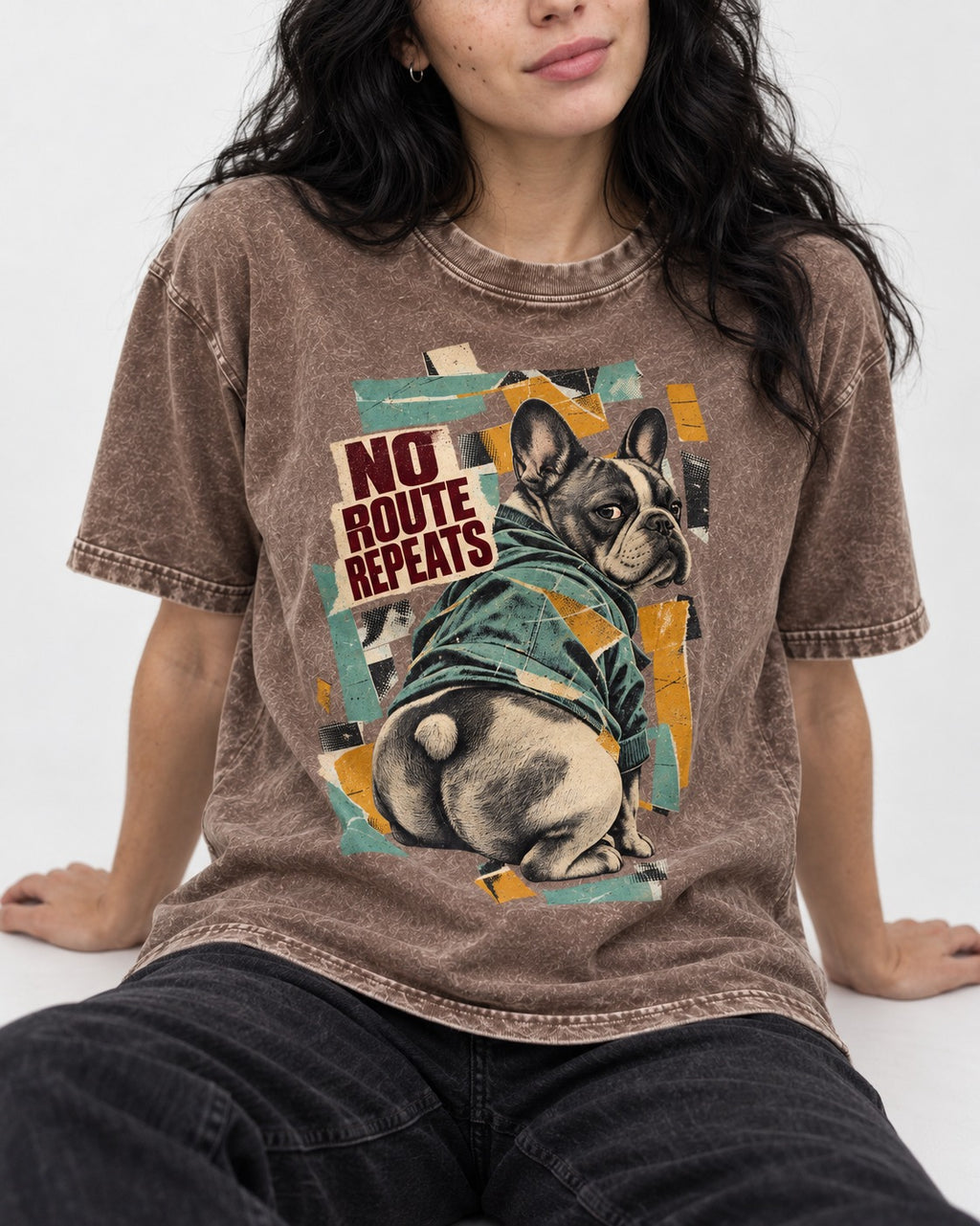 No Route Repeats Frenchie Washed Tee in Coffee, worn by a seated model