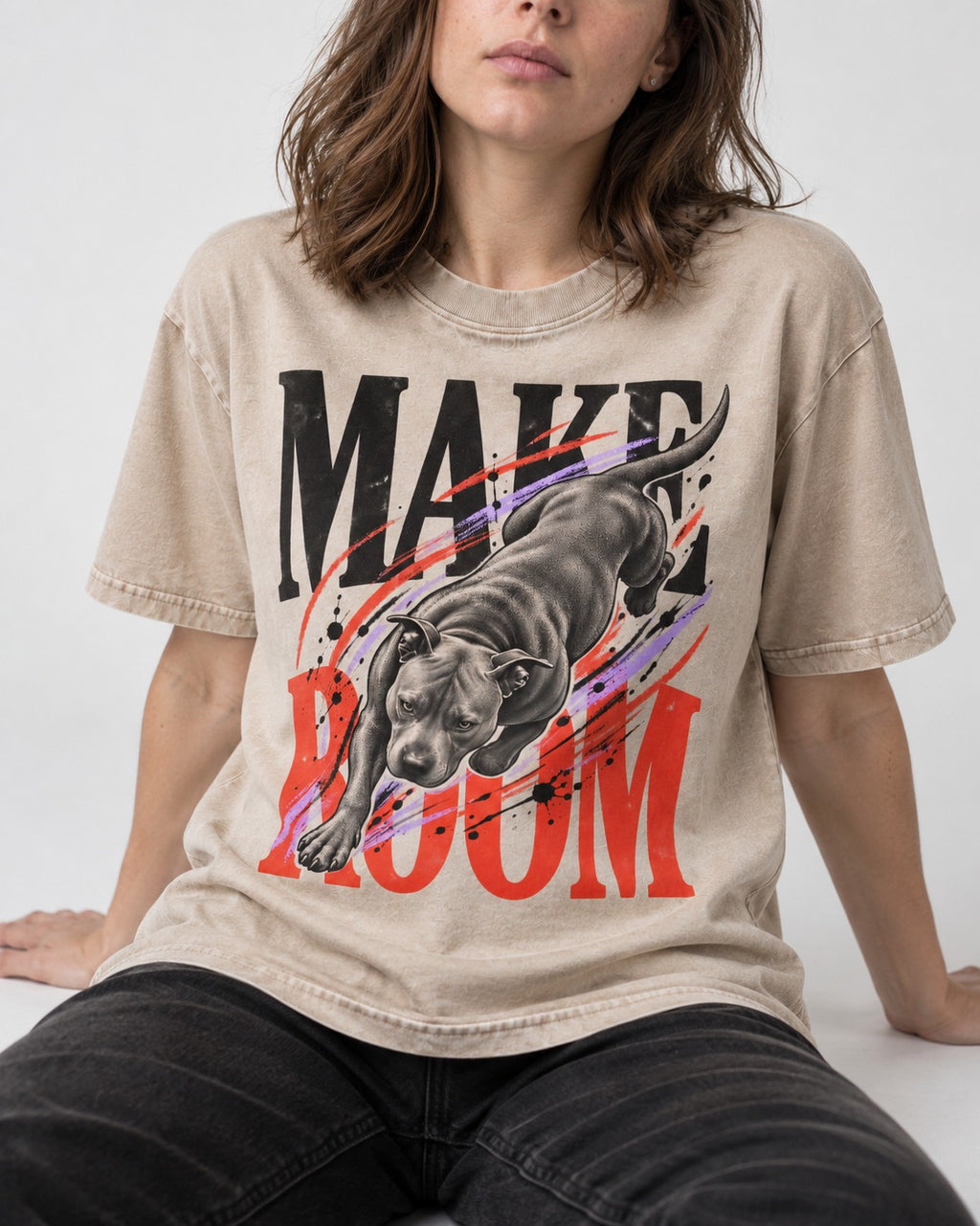 Make Room for Pitbull Washed Tee in Apricot, worn by a seated model