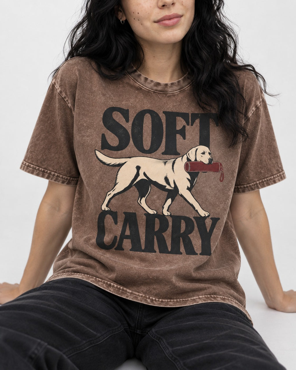 Soft Carry Labrador Retriever Washed Tee in Coffee, worn by a seated model