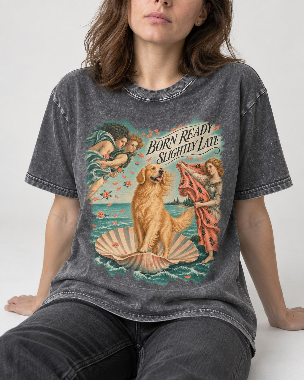 Born Ready Slightly Late Venus Golden Retriever Graphic Washed Tee in Gray, worn by a seated model