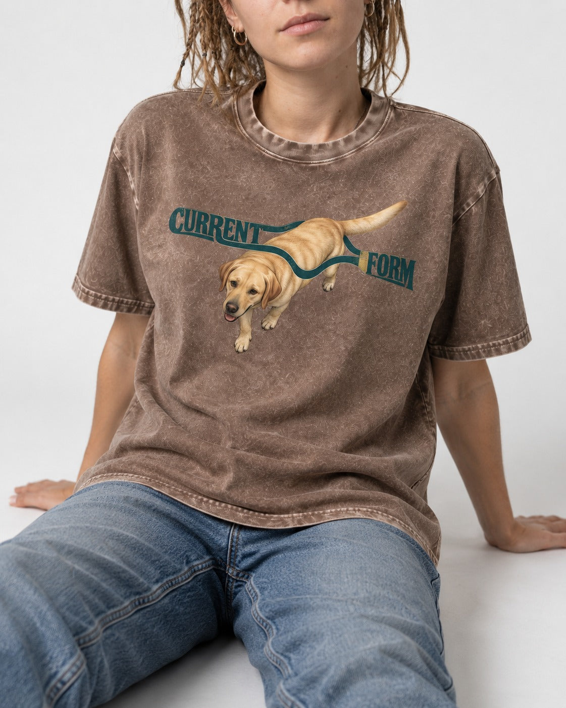 Labrador Retriever Current Form Washed Tee in Coffee, worn by a seated model