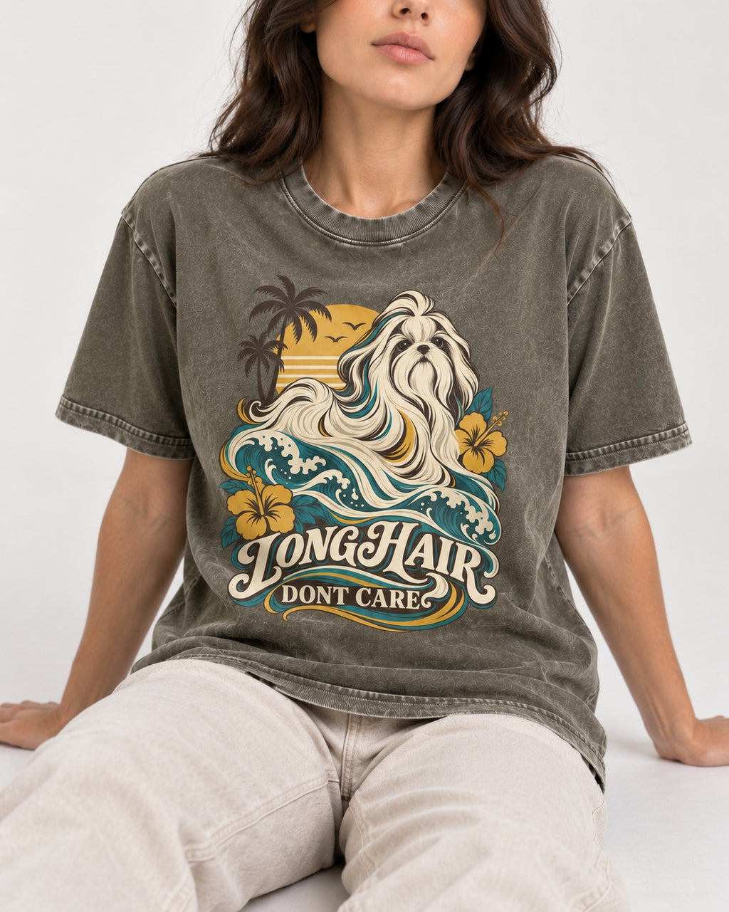 Shih Tzu Long Hair Don't Care Tropical Wave Graphic Washed Tee in Army Green, worn by a seated model