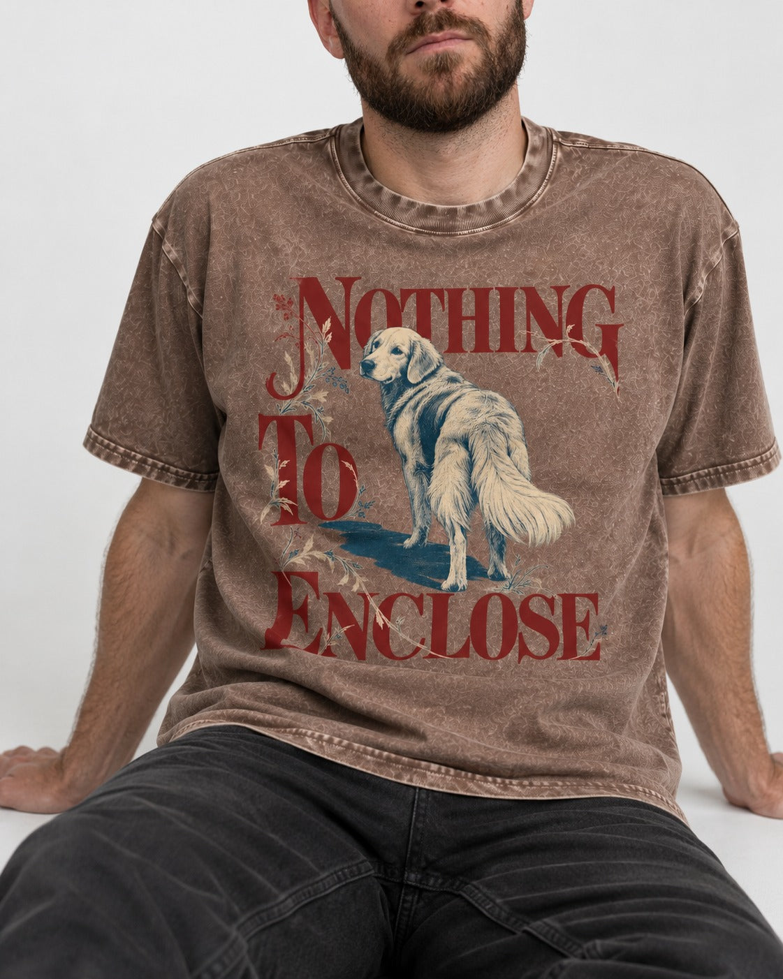 Golden Retriever Nothing to Enclose Washed Tee in Coffee, worn by a seated model