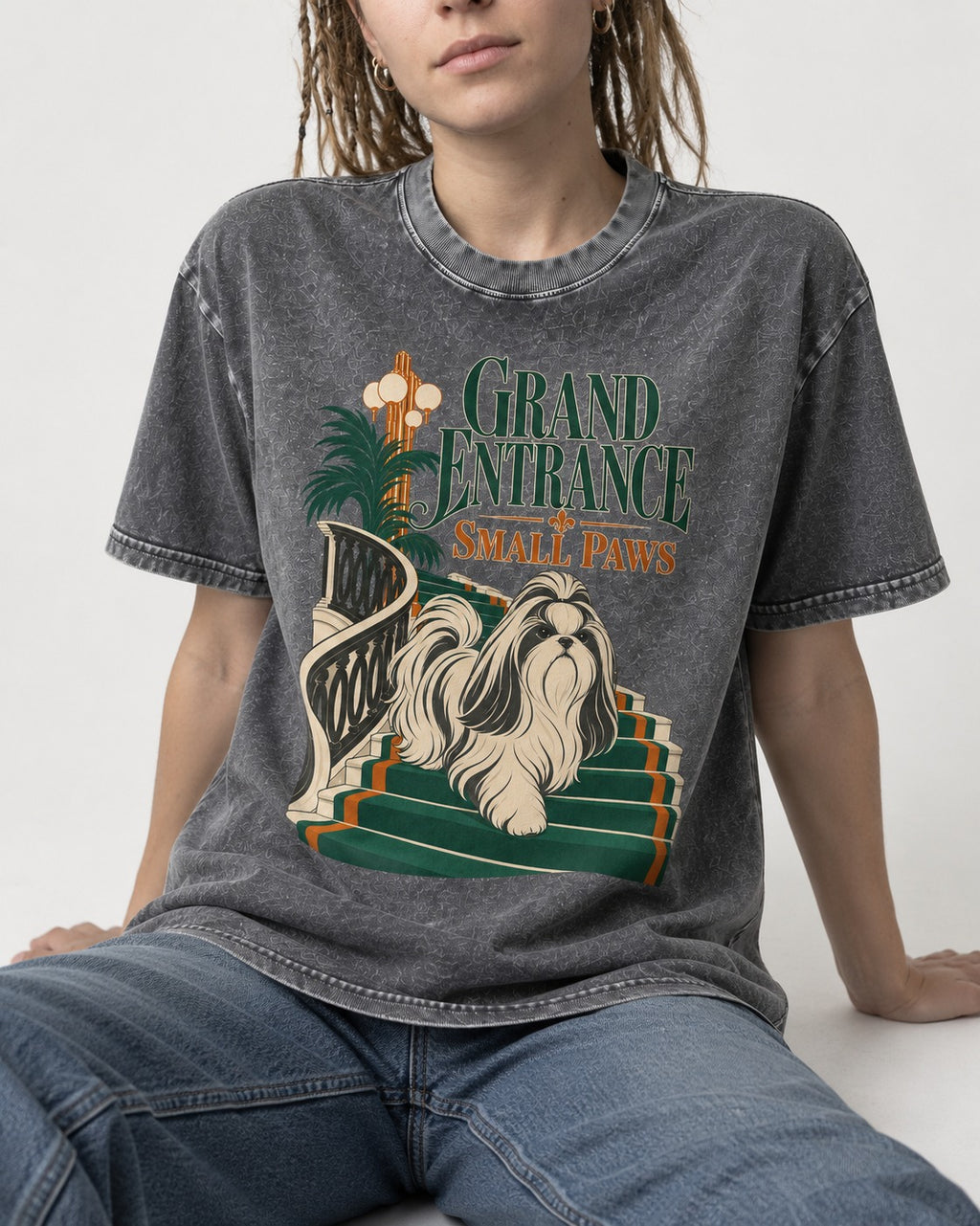 Shih Tzu Grand Entrance Small Paws Staircase Graphic Washed Tee in Gray, worn by a seated model