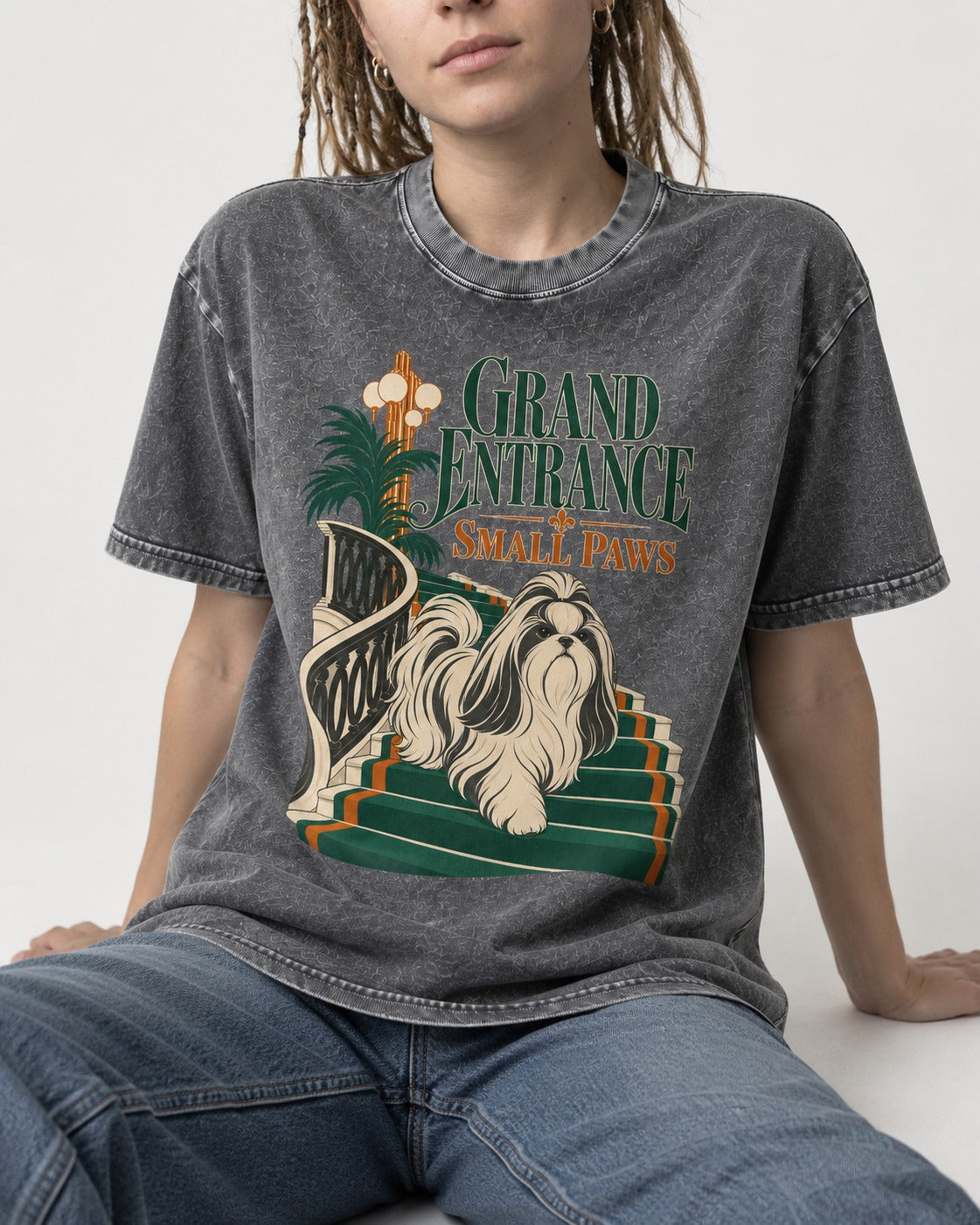 Shih Tzu Grand Entrance Small Paws Staircase Graphic Washed Tee in Gray, worn by a seated model