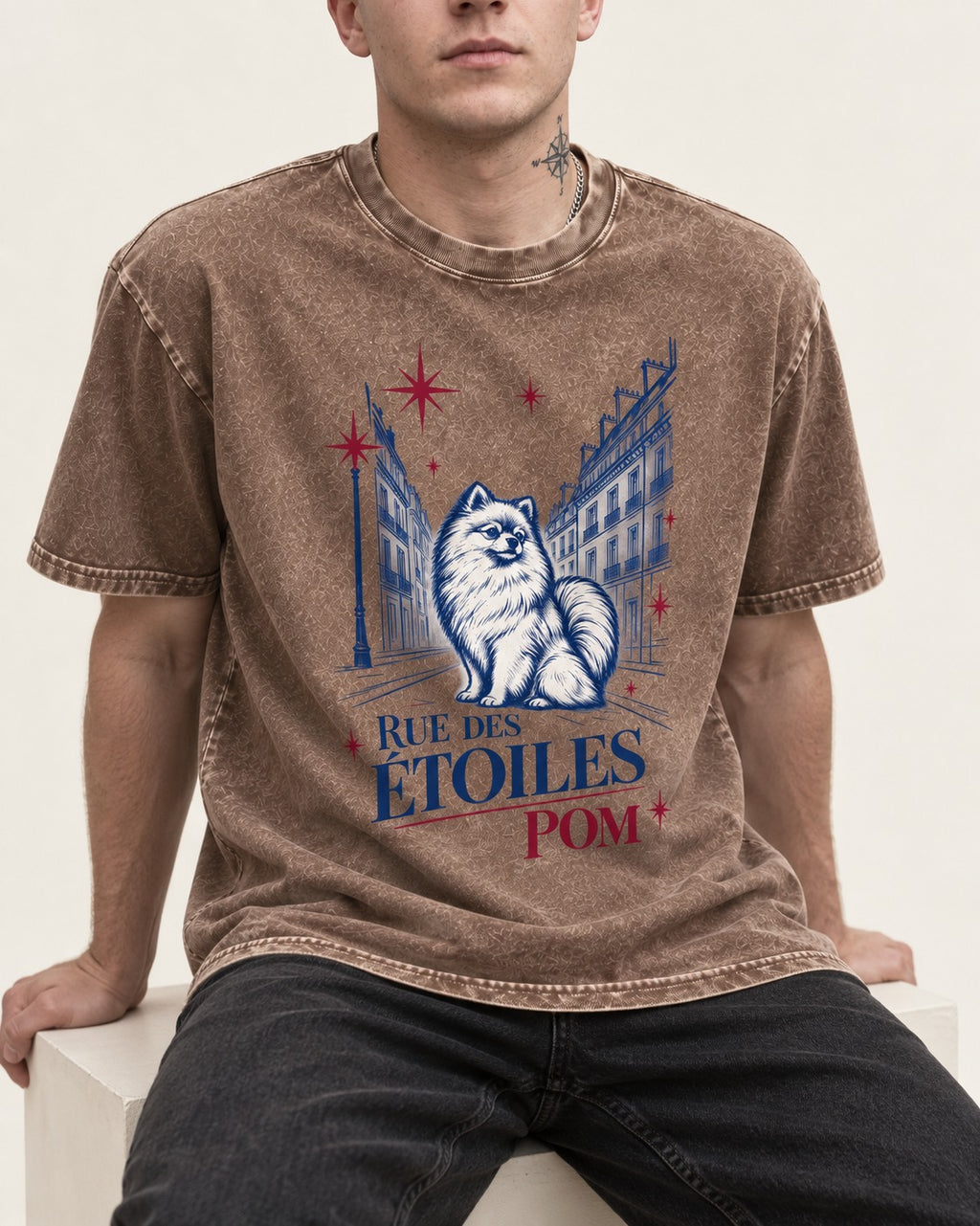 Pomeranian Among the Stars Washed Tee in Coffee, worn by a seated model