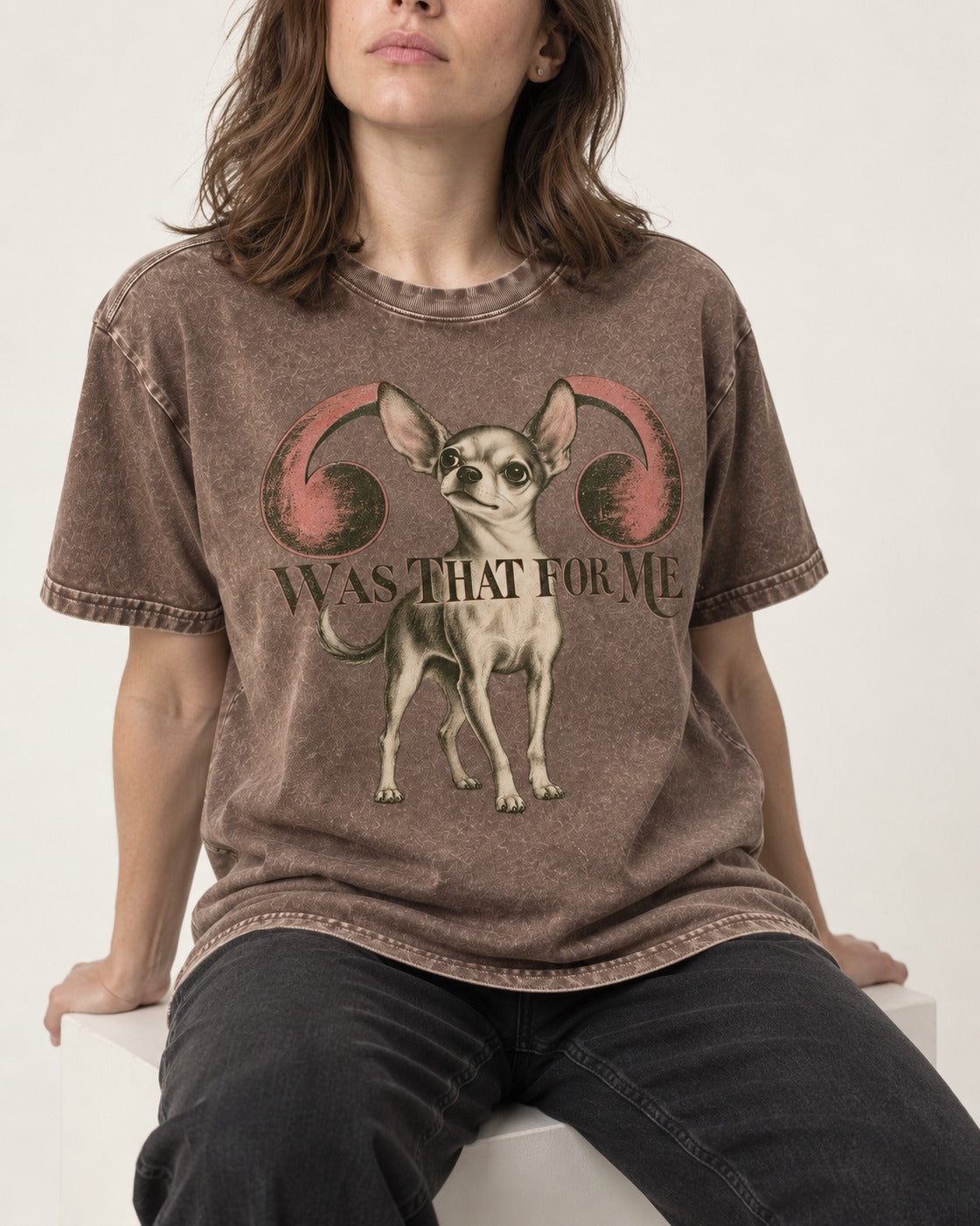 Chihuahua Was That for Me Washed Tee in Coffee, worn by a seated model