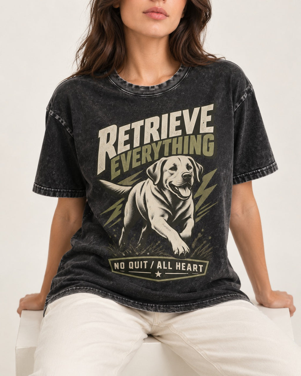 Labrador Retriever Retrieve Everything No Quit All Heart Running Graphic Washed Tee in Black, worn by a seated model